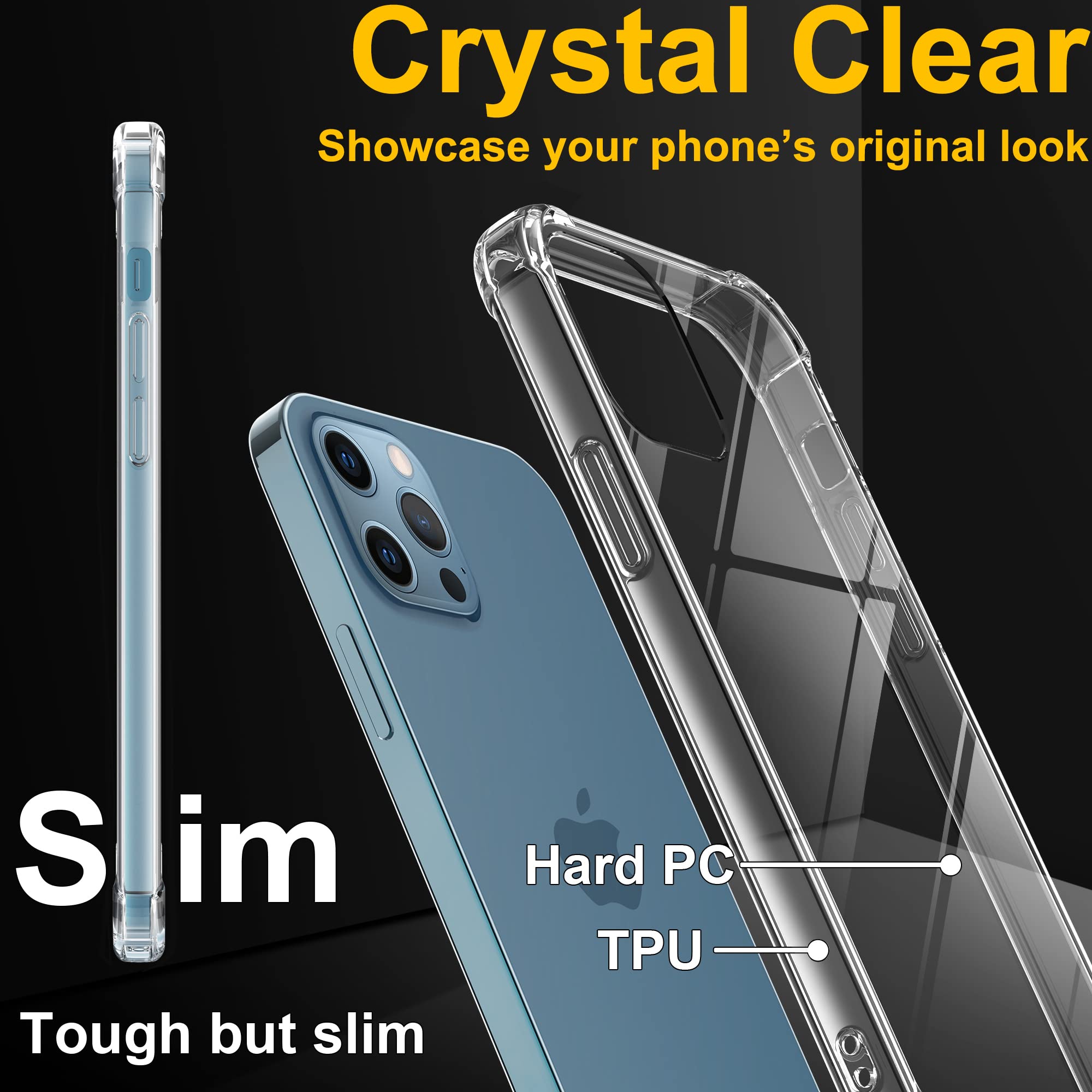 4youquality Case for iPhone 12 and iPhone 12 Pro with [2-Pack Tempered Glass Screen Protector], 6.1-Inch, Airbag Drop Protection, Shockproof Transparent Clear Bumper Phone Cover, Anti-Scratch.