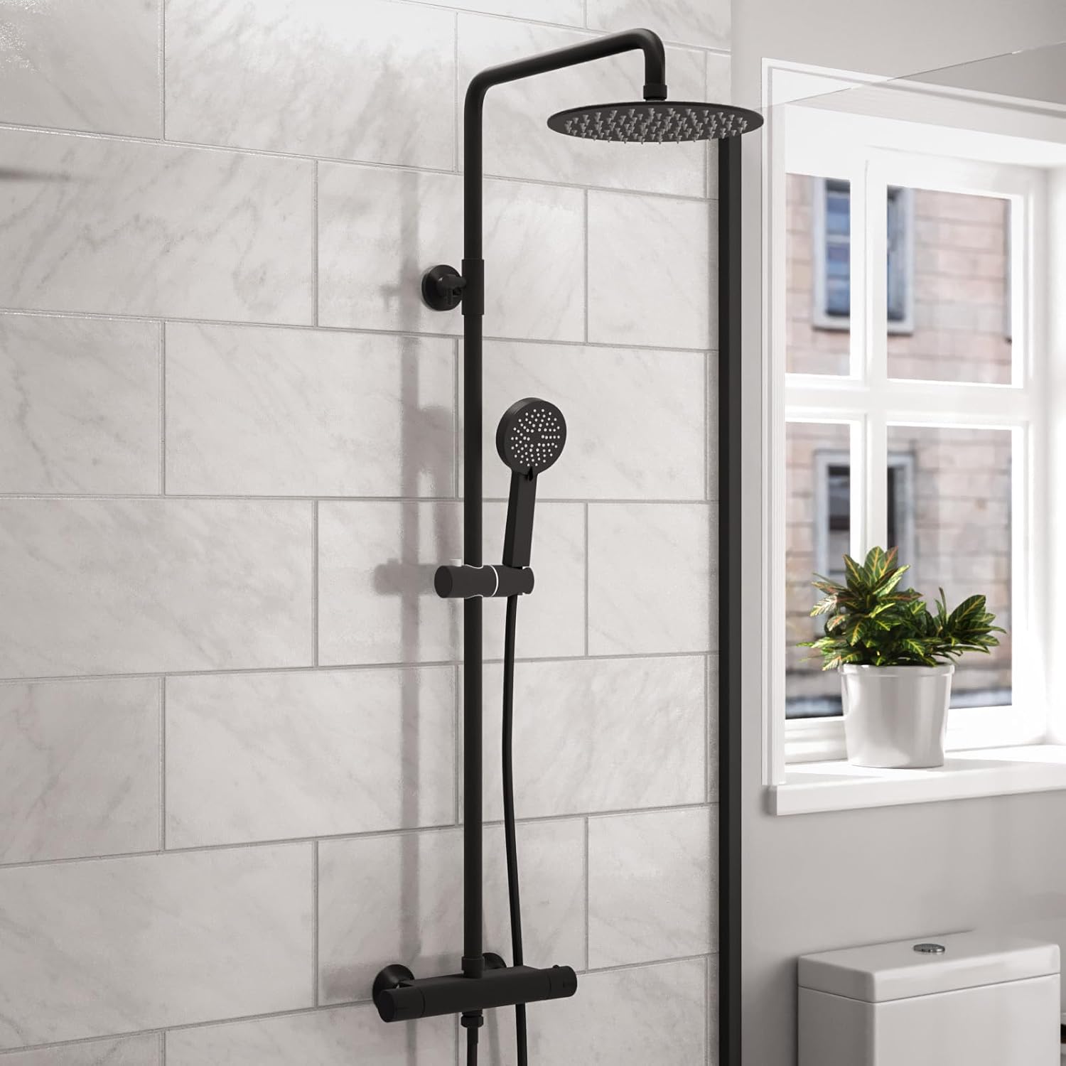 Modern Square or Round Exposed Thermostatic Mixer Shower Set Shower Head and Handheld Chrome or Matte Black (Round, Matte Black) (Chrome Round Shower Head).