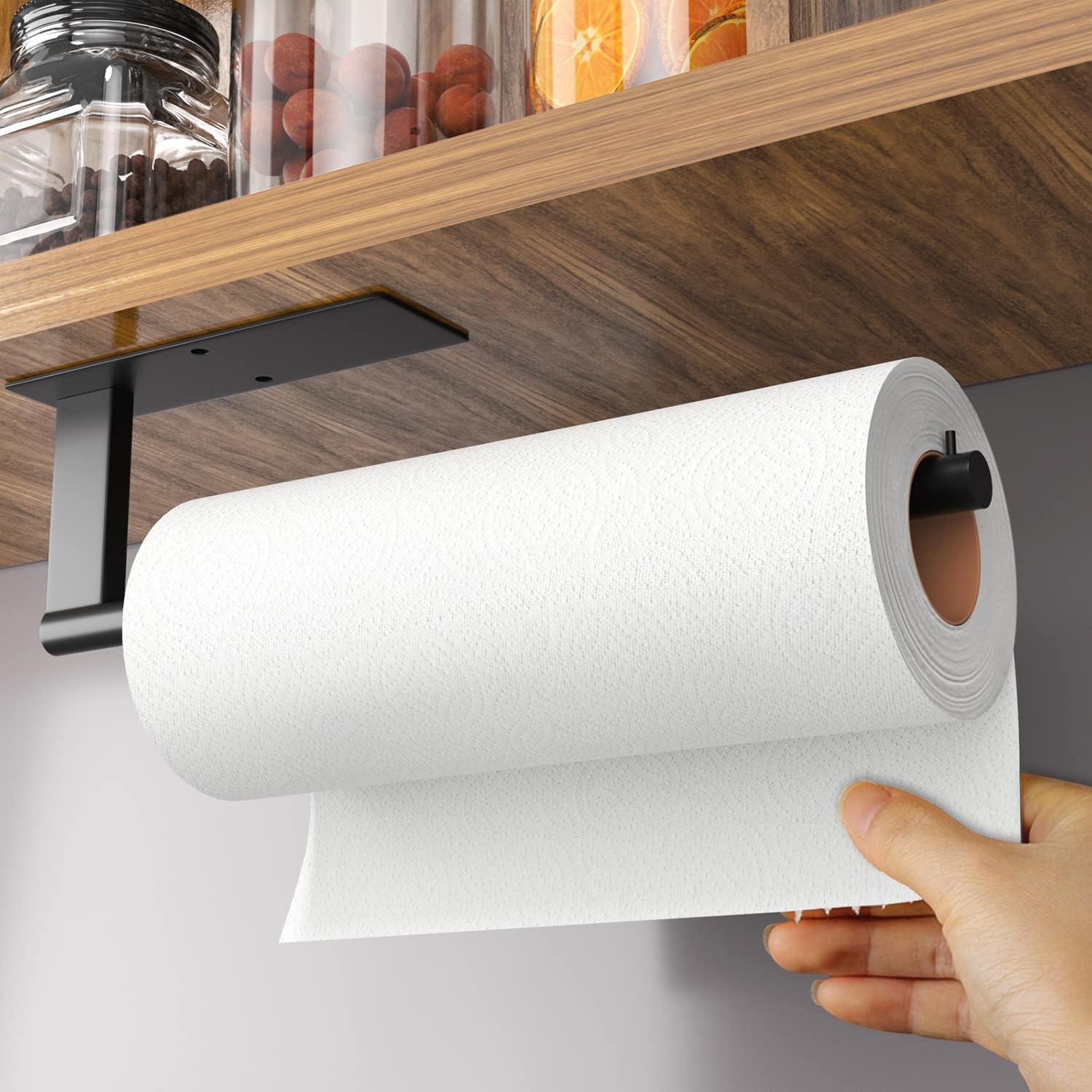 Kitchen Roll Holder Under Cabinet, Stainless Steel Paper Towel Holder Matte Black, Self-Adhensive Kitchen Towel Rack Wall-Mounted, Suitable for Pantry, Kitchen, Bathroom.