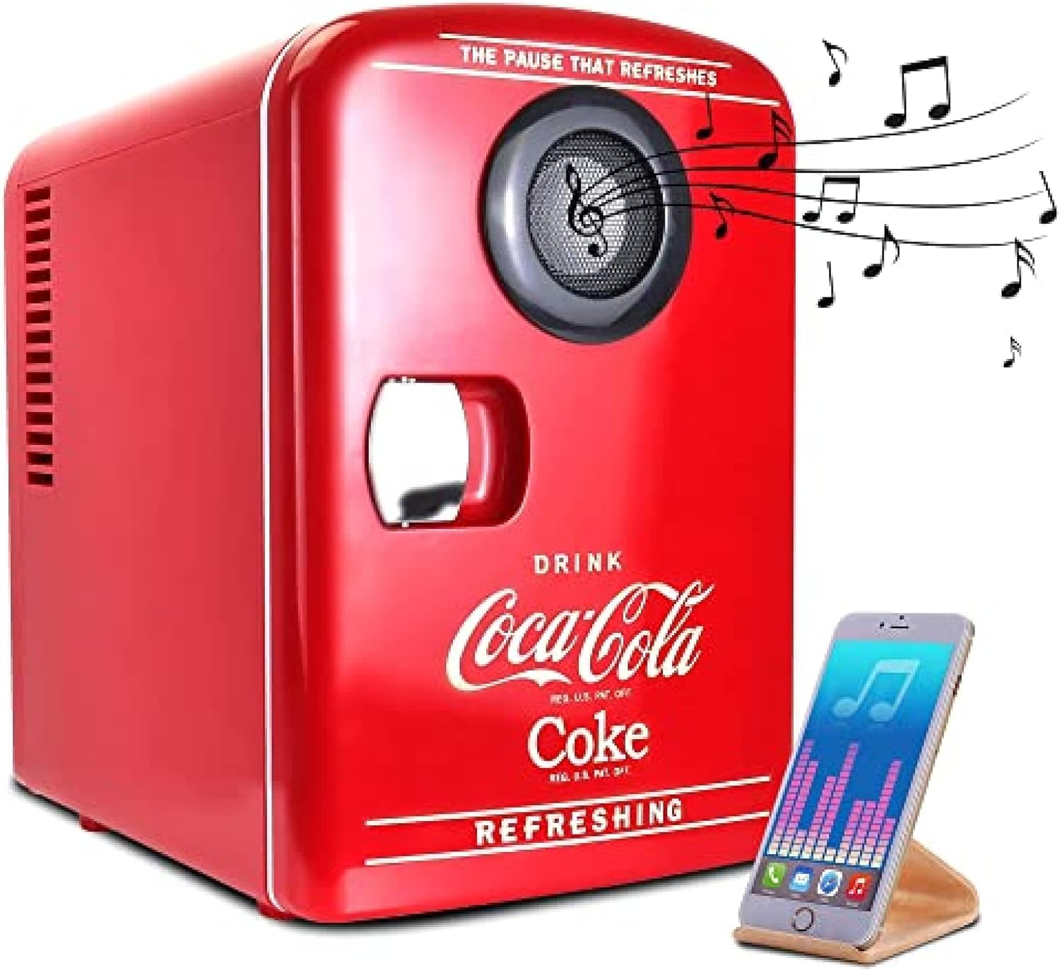 Coke Mini Fridge For Bedrooms 4L Small Fridge 6 Can Table Top Fridge Quiet Mini Fridges Cooler Warmer with Built-In Bluetooth Wireless Speaker For Home Desk Office Food Drinks Kids by Coca-Cola, Red.