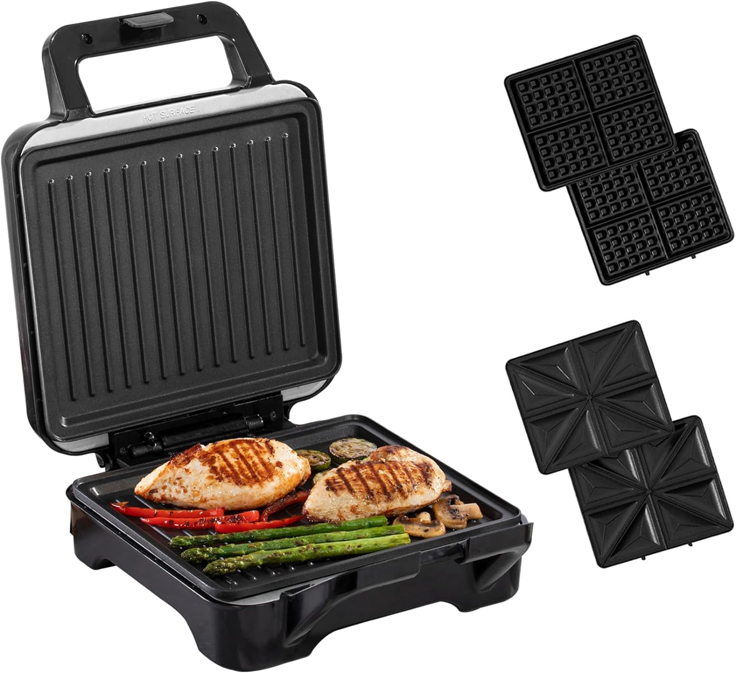 Innoteck Kitchen Pro 3 in 1 Sandwich Maker - For Family Size 4 Slices Waffles Sandwiches and Grilling - Modern Diamond Pattern Design with 3 Detachable Non-stick plates.