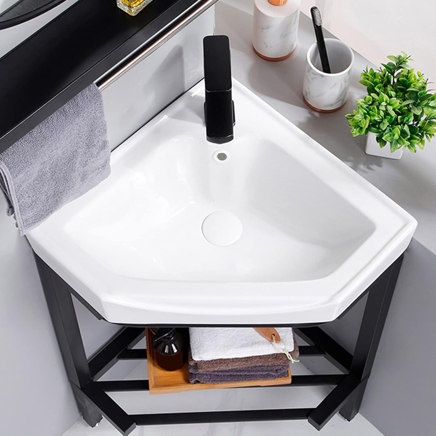 Corner Bathroom Sink White Ceramic Console Pedestal laundry Sinks free standing Wash Basin sinks Porcelain Vessel Basin Rectangle with Stainless Steel Metal Legs Stand Vanity Sink black Storage Shelf.