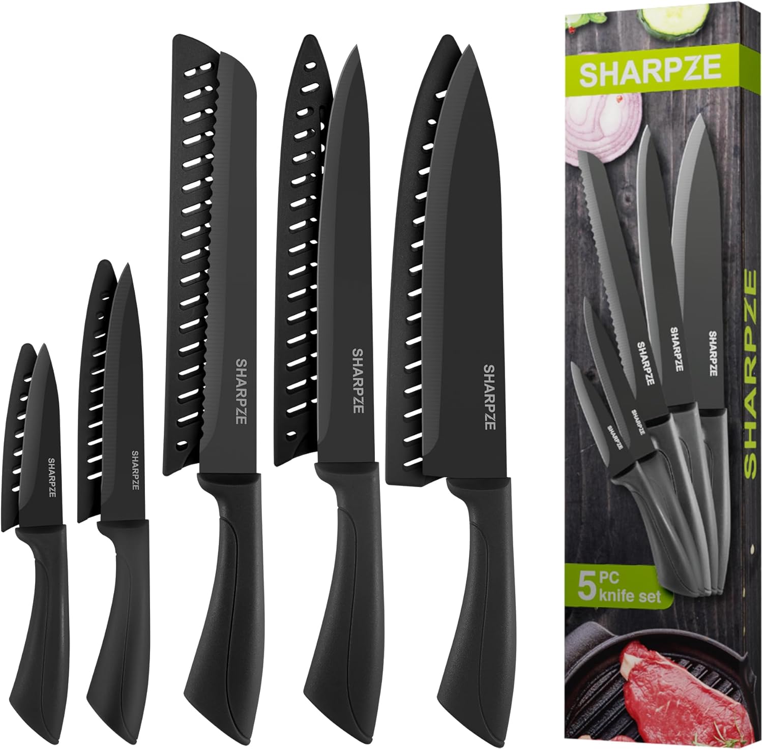 Kitchen Knife Set of 5 | Ultra Sharp Stainless Steel Blade I Kitchen Knives with Ergonomic Handle & Sheaths Include Paring, Utility, Santuko, Bread, Chef Knife & eBook.