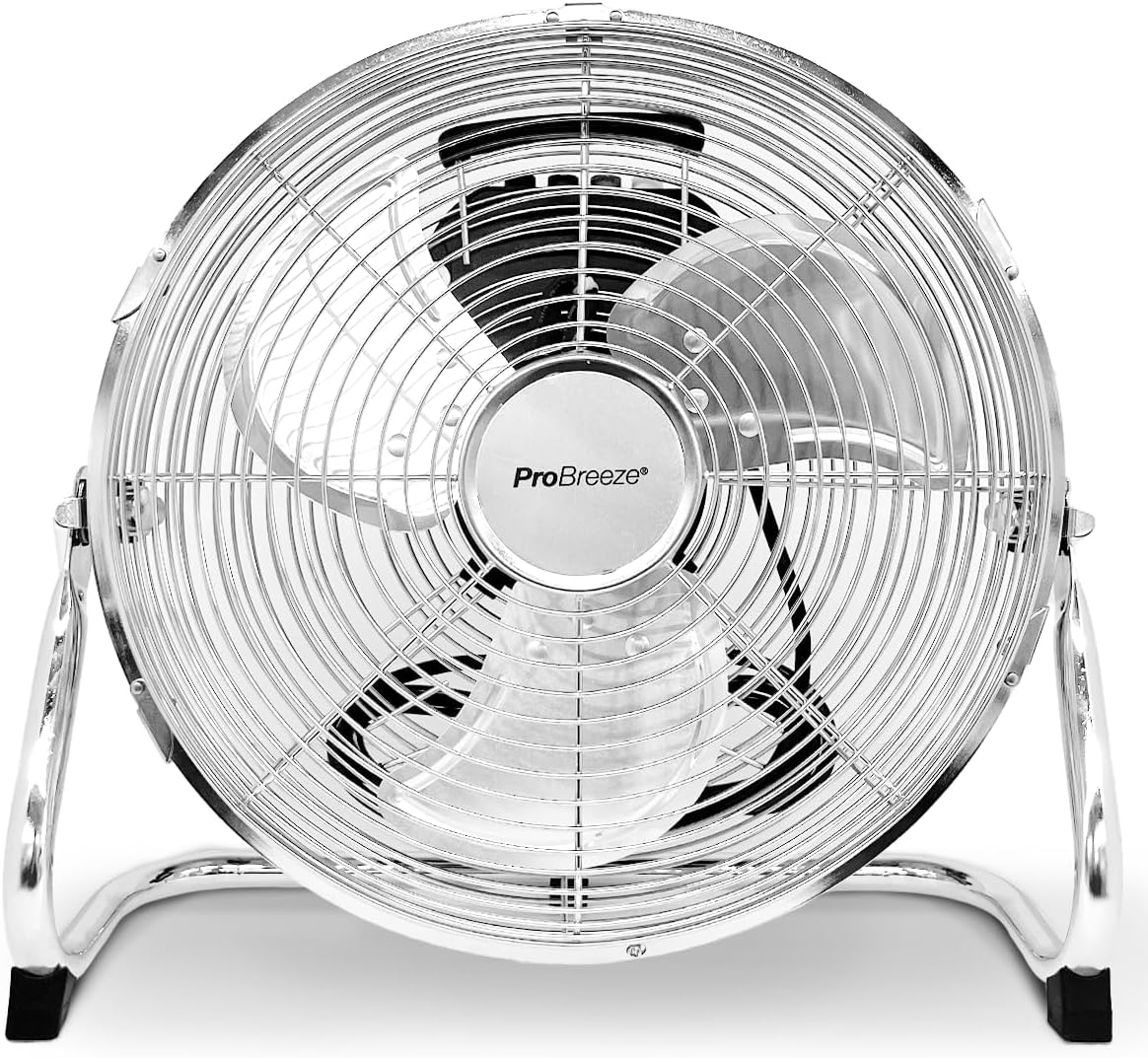 Pro Breeze® 12" Portable Fan Chrome, Home, Office & Gym Floor Fan with 3 Speeds, and 110-Degree Adjustable Oscillating Fan Head, Heavy Metal Floor Fan with Powerful Circulation.