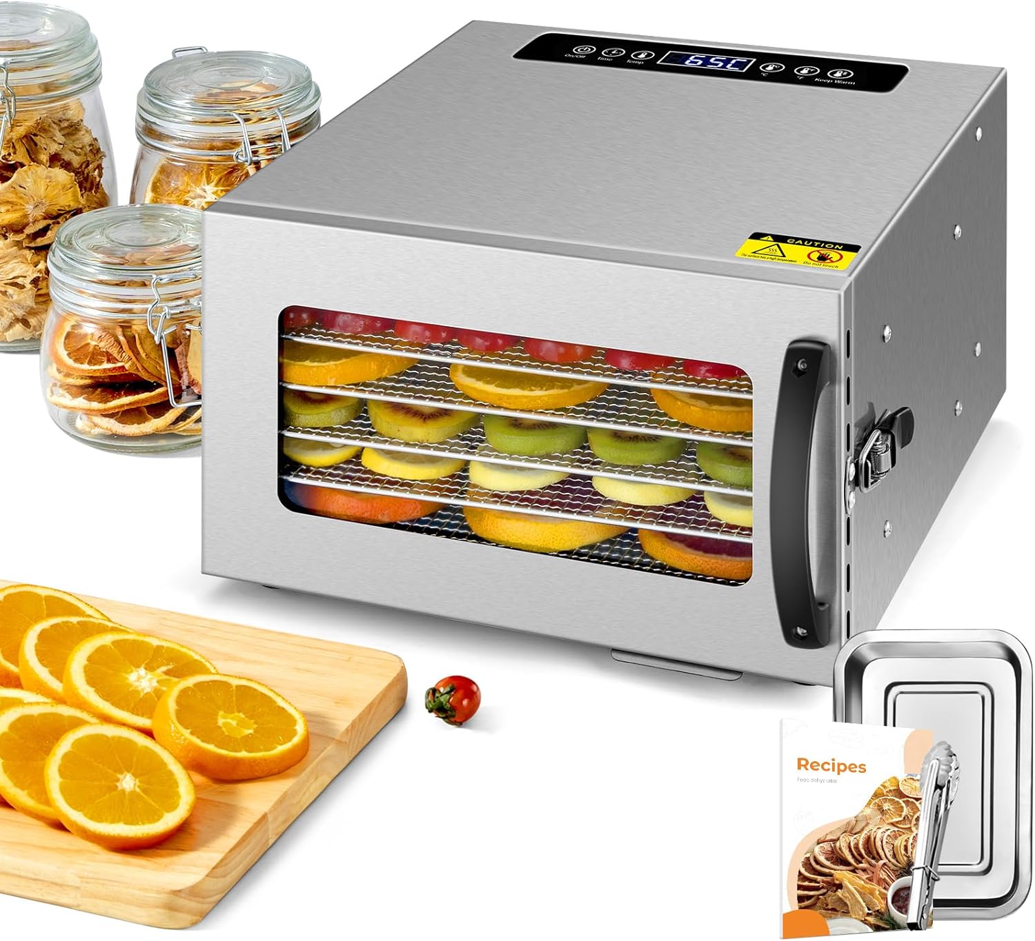 Kwasyo Stainless Steel Food Dehydrator, 6 Tray Fruit Dryer Machine with Free Recipe Book, BPA-Free, 30~90℃ Temperature Setting, Max 24h, Dehydrator Food Dryer uk for Vegetables, Meats, Chili-400W.