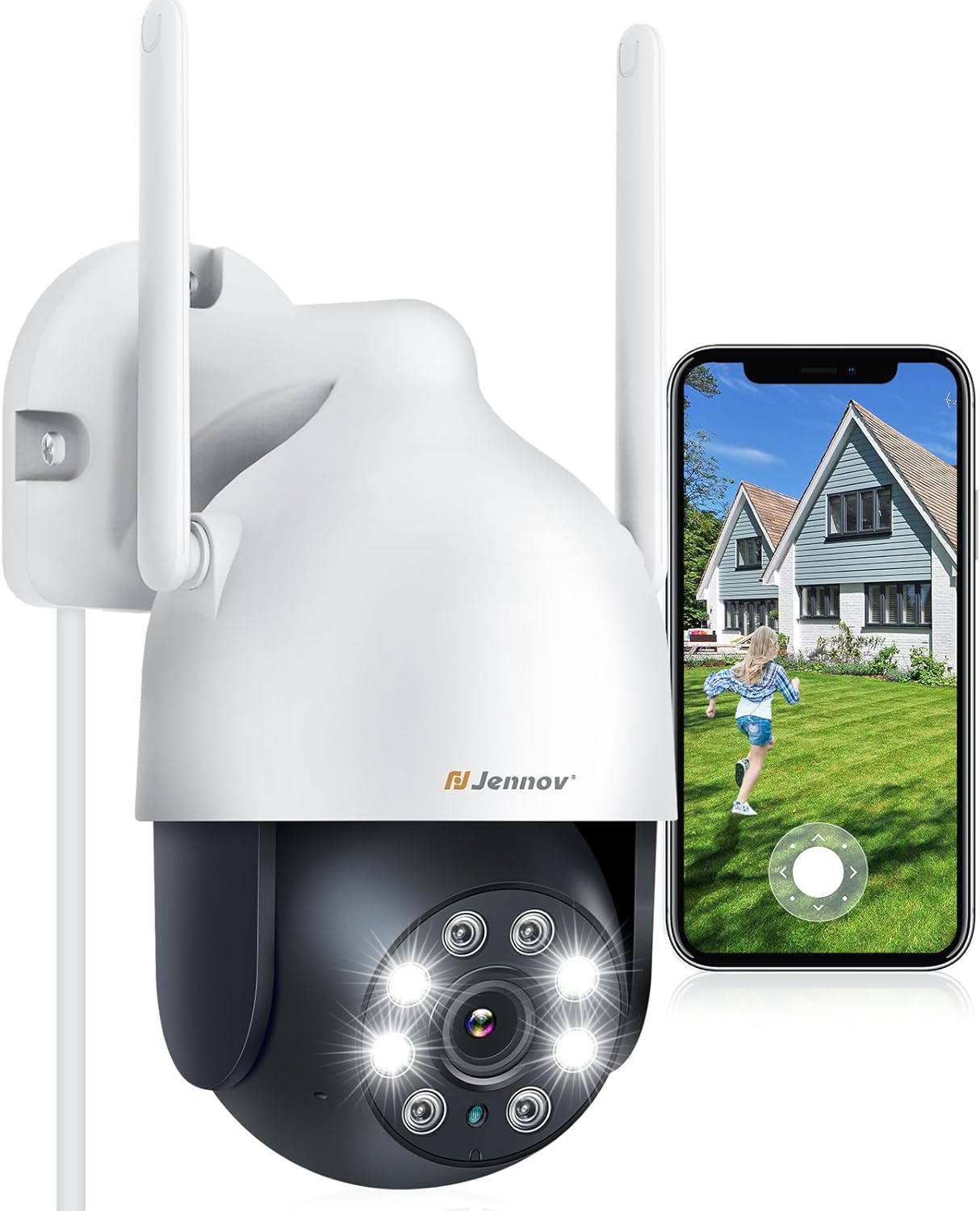 Jennov 2K Security Camera Outdoor, PTZ Wifi Home CCTV Camera 360° View with Auto Tracking, 24/7 Recording, Color Night Vision, Motion Detection, 2-way audio, Sound-Lights Alarm.