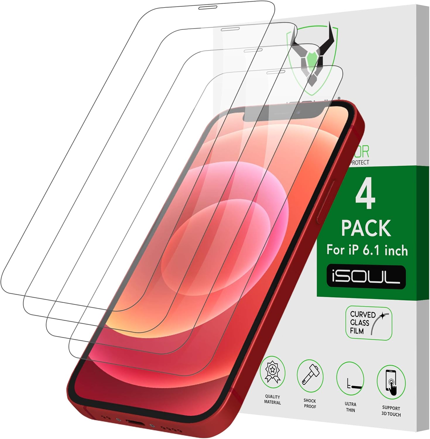 iSOUL 4-Pack Screen Protector for iPhone 12/12 Pro 6.1 Inch, Tempered Glass HD Film [LifetimeSupport, ScratchProof & ShatterProof] [Case Friendly & Ultra HD iPhone 12 Screen Protector].