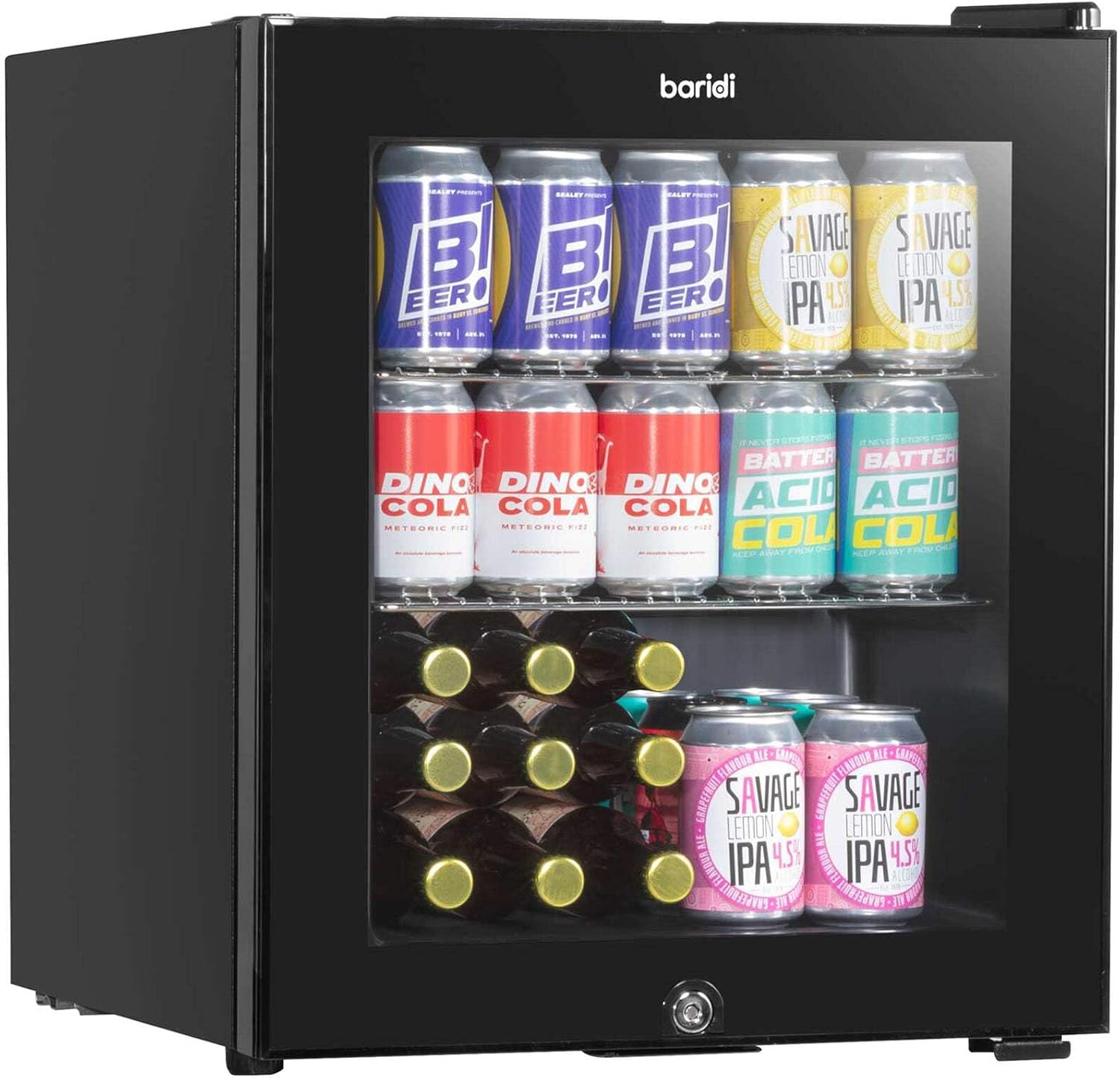 Baridi 50L Drinks Fridge/Beer & Wine Mini-fridge Cooler Table Top Fridge with LED Light & Reversible Glass Door | Bedroom Mini Bar with Lock & Key, Black - DH12.