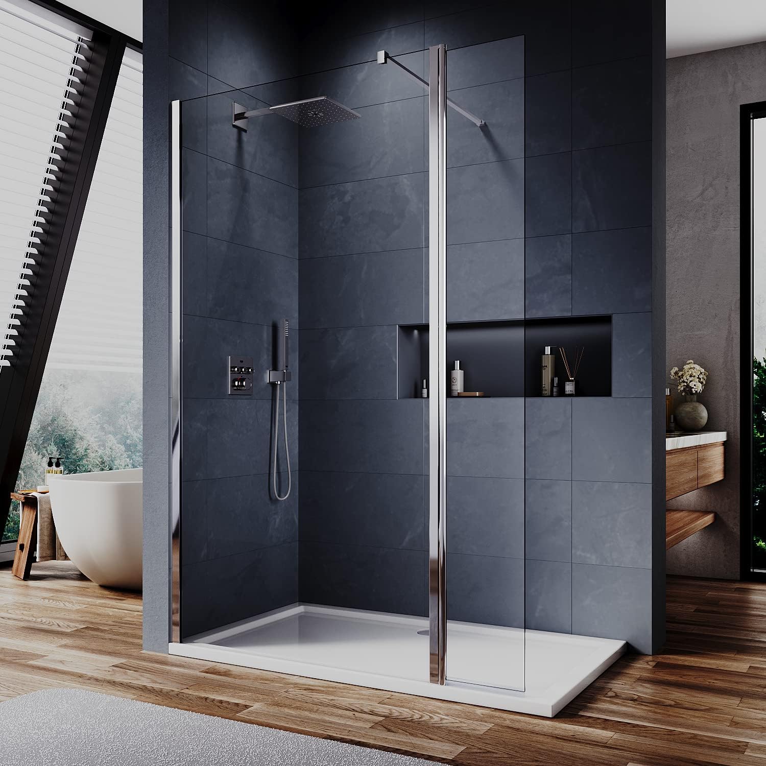 Elegant 700mm Walk in Shower Screen 6mm Tougheded Safety Wet Room with 300mm Flipper Panel,Aluminum Support bar Included.