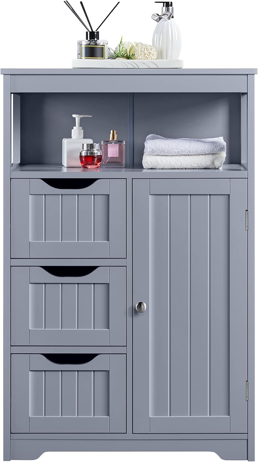 Yaheetech Bathroom Storage Units with Open Storage Shelf Free-standing Floor Cabinets Sideboard with 3 Drawers and 1 Door, Adjustable Shelf for Living Room Kitchen Entryway Gray.