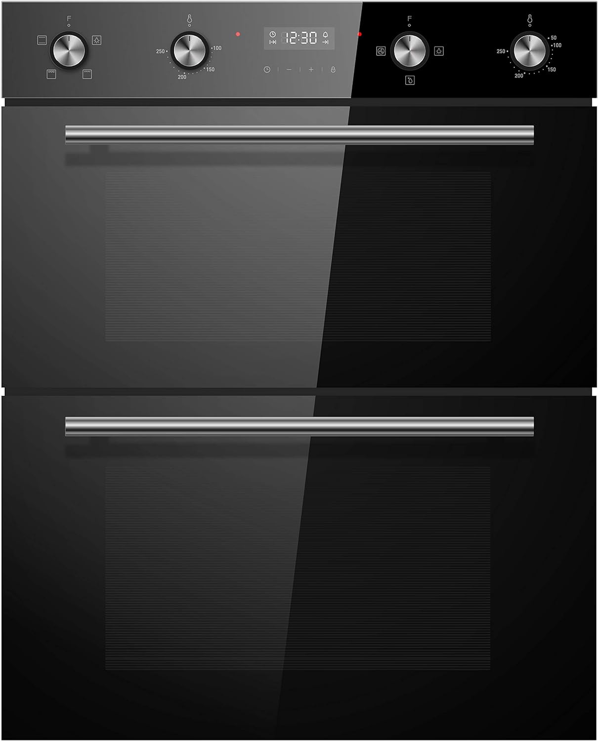 Cookology CDO720BK 60cm Combined 88 Litre Capacity Large Built Under Electric True Fan Double Oven with Easy Programmable Timer and Digital Clock - in Black Glass.