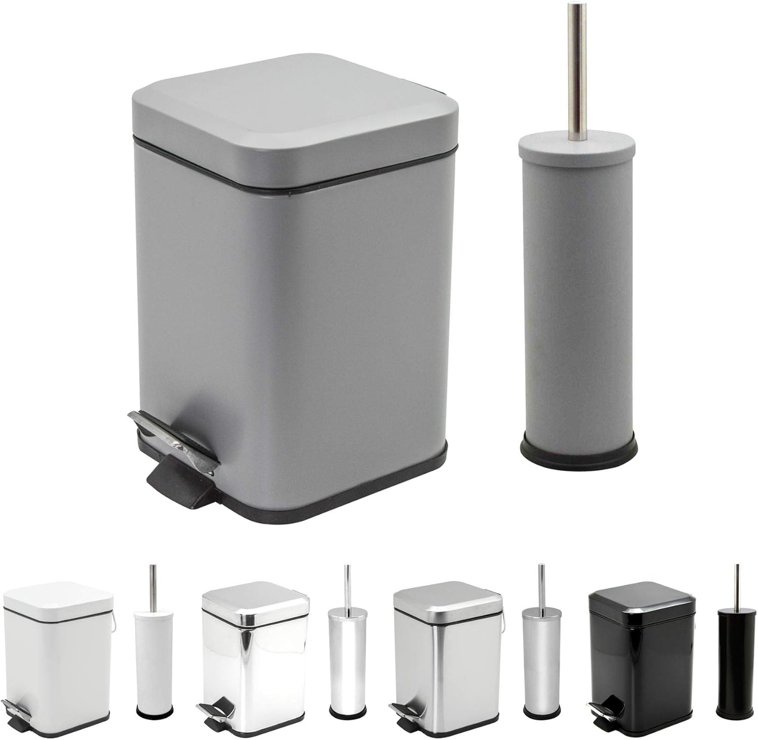 Harbour Housewares Bathroom Pedal Bin & Toilet Brush Set - 3L Square Bin - Matte Grey.