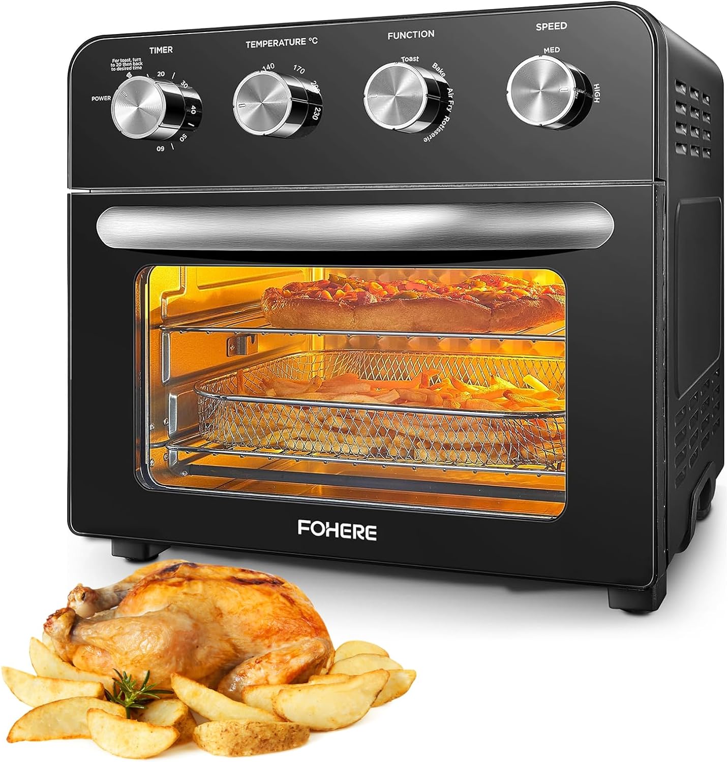 FOHERE Air Fryer Oven with Rotisserie Mini Oven 23L, 1700W Countertop Convection Oven with 4 Knobs Easy to Operation, Low Fat Oil-Less Cooking, Non-Stick Inner, 6 Accessories & 100 Recipes.