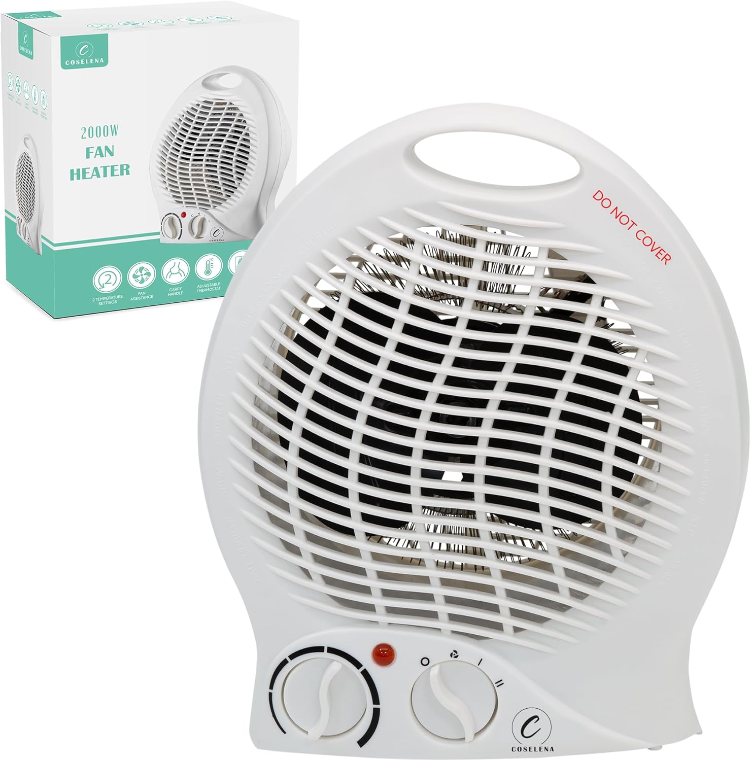 Coselena 2KW Fan Heater - Portable Electric Heater with 2 Heat Settings & Cooling Fan Function - Silent Fan with Adjustable Thermostat - Ideal Electric Fan Heaters for Home & Office Comfort - White.