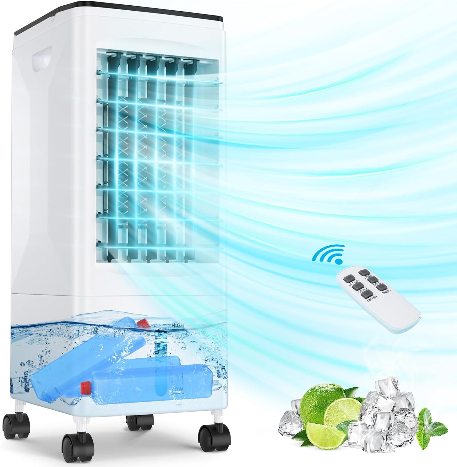 Portable Air Conditioner Fan, 3 in 1 Evaporative Air Cooler, Oscillation Function, 1-7H Timer, 8M Remote Control, 3 Speeds, 3 Ice Boxes, 60W Power, 5.5L & Universal Casters, Windowless Air Conditioner.