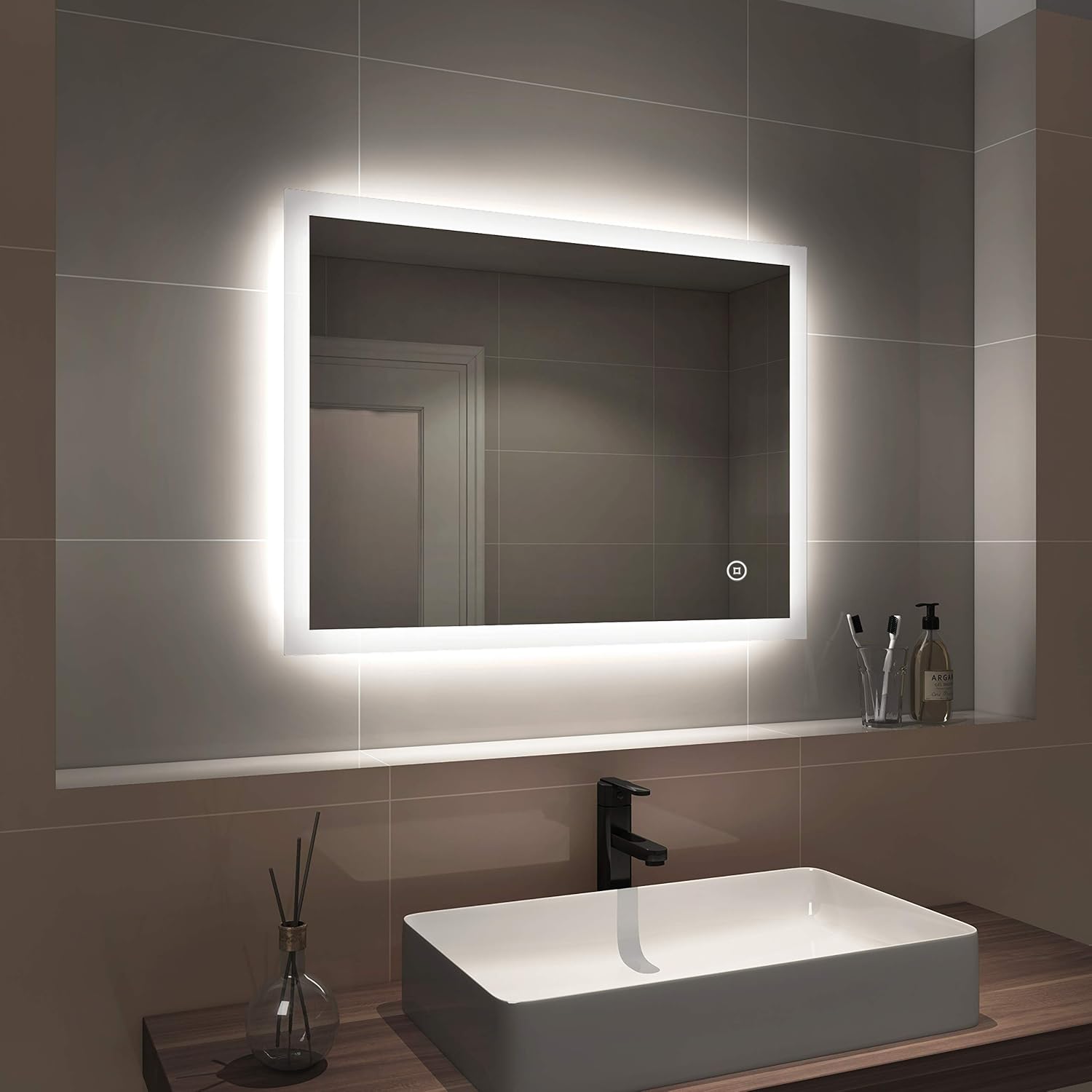 EMKE Illuminated Bathroom Mirror 800 x 600 mm, LED Bathroom Mirror 6500K Cold White Light with Touch Switch + Demister Pad, Frameless Wall Mounted Mirror Horizontal & Vertical.