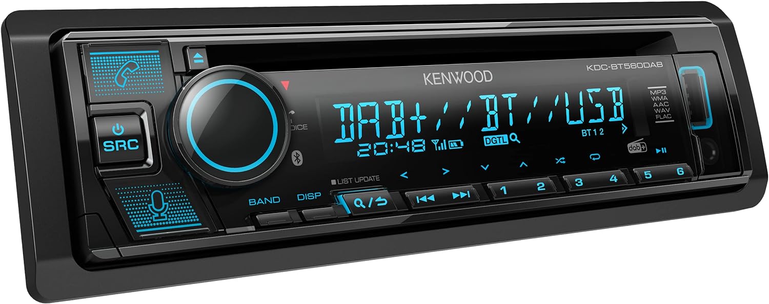 Kenwood KDC-BT560DAB CD Car Radio with DAB+ and Bluetooth Hands-Free Kit (USB, AUX-In, 1 x Pre-Out 2.5 V, Sound Processor, 4 x 50 W, VAR Lighting, DAB+ Antenna), Black.