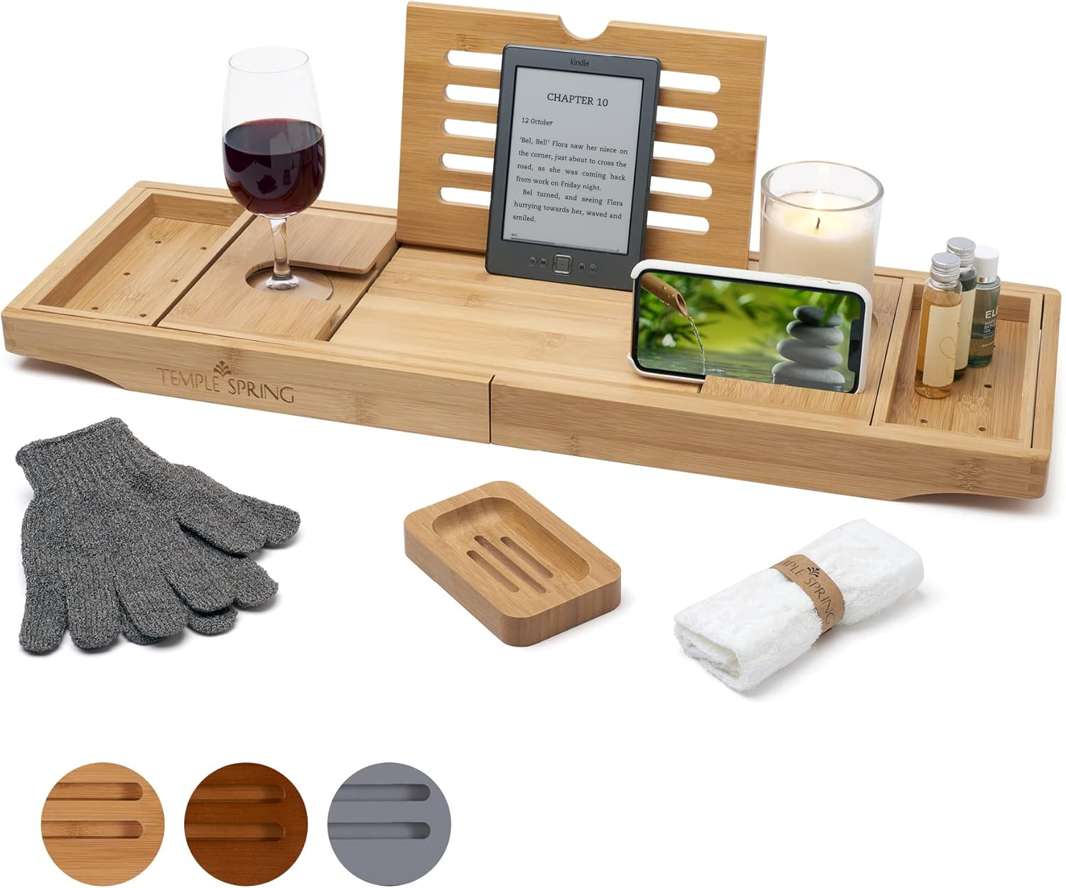 Temple Spring Bath Tray - Extendable Bath Caddy Tray for Bathtub with Candle, Wine Glass, Book, iPad & Phone Holders - Adjustable Bath Table Tray Over tub w/Bathroom Accessories - Natural Wood.