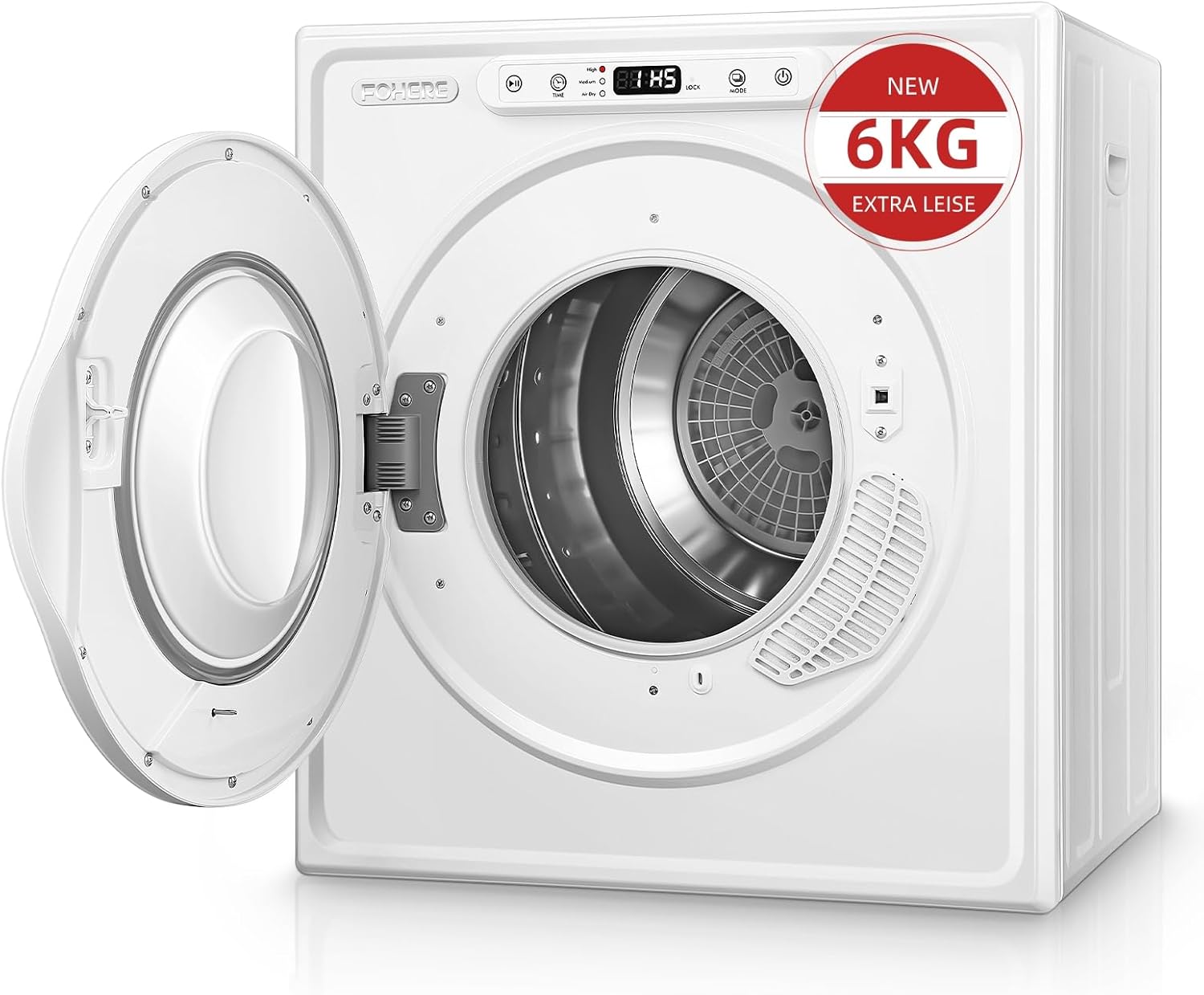 6KG Vented Tumble Dryer, FOHERE 1500W Compact Vented Tumble Dryer, 5 Auto Drying Mode, Double Temperature Control Protection, with Stainless Steel Tub, for Apartment, Home, Dorm, RVs, White.