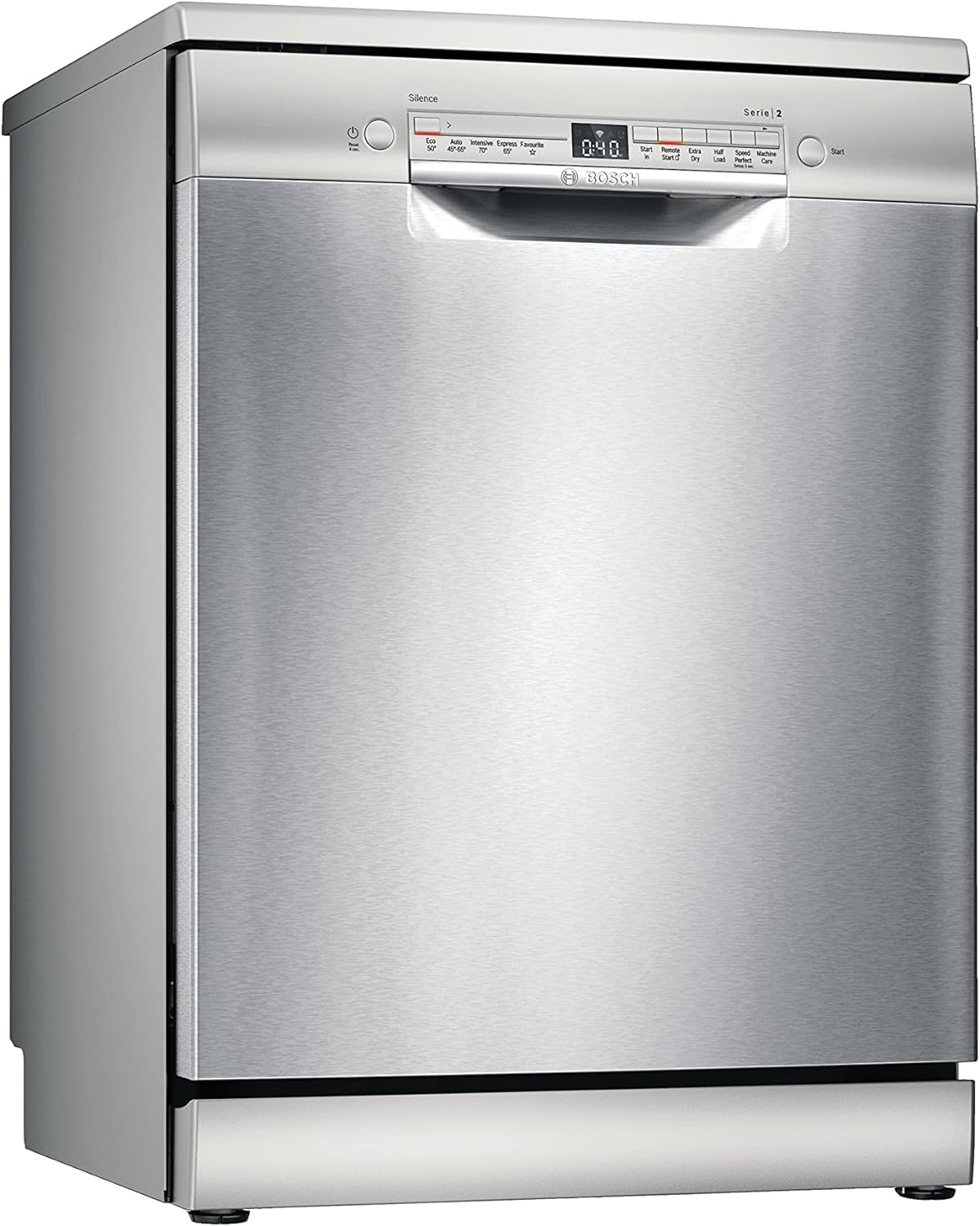 Bosch Home & Kitchen Appliances SMS2ITI41G Dishwasher, 12 place settings, SpeedPerfect+, Extra Dry, WiFi Enabled with Home Connect app, Freestanding, Silver, 12 place settings.