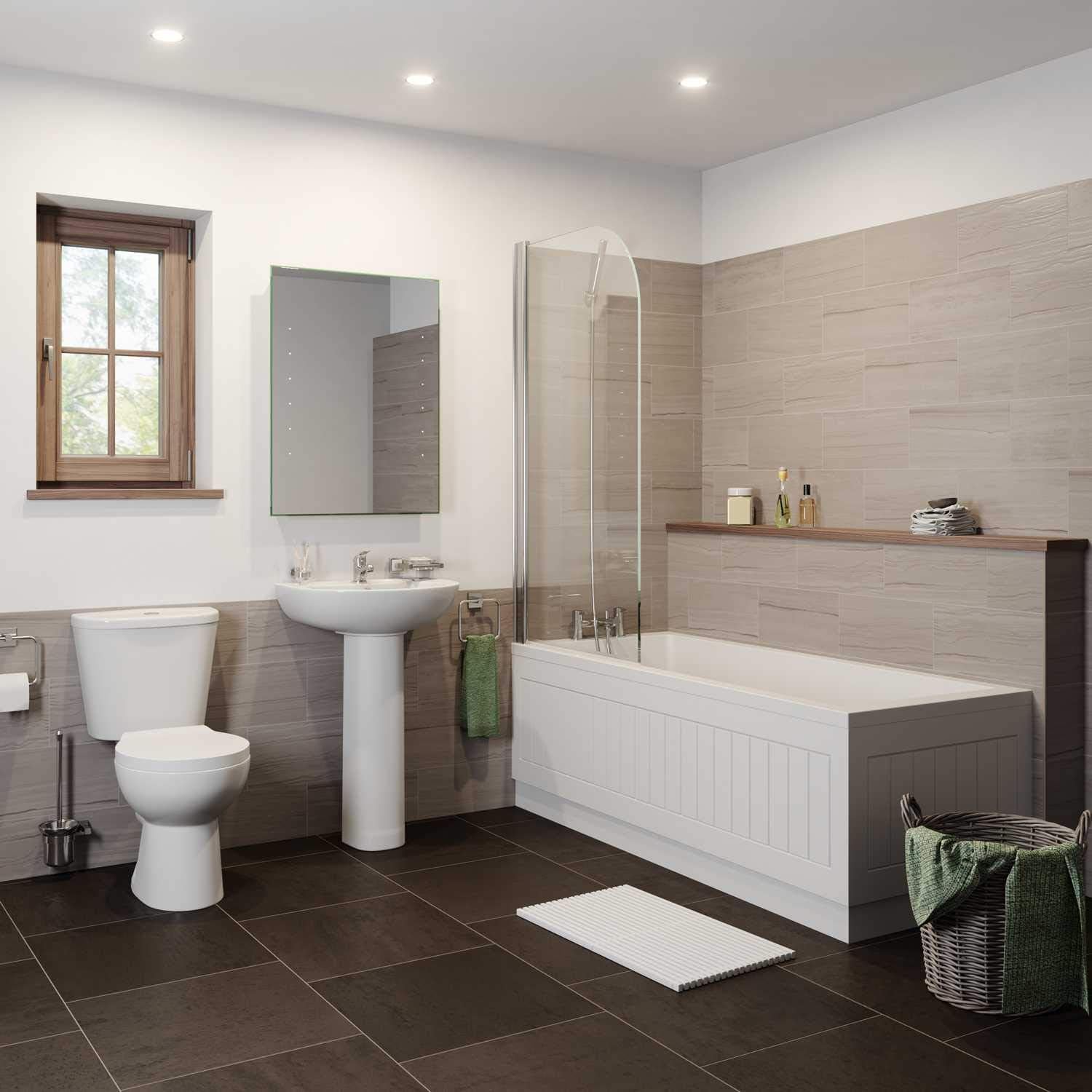 ESSENTIALS Bathroom Suite Close Coupled Toilet Basin Pedestal Single Ended Bath White 1700.