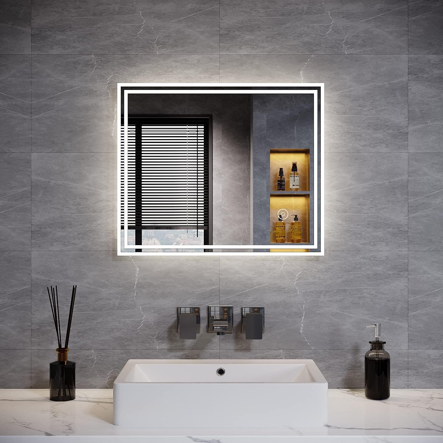 ELEGANT Bathroom Mirror with Led Lights Anti Fog Black Framed Led Mirror Bathroom Wall Mounted Mirror with Memory Dimmable Light 800 x 600mm Horizontal/Vertical Backlit Illuminated Mirrors.