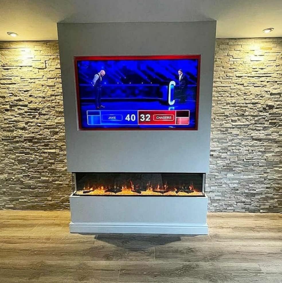 DIGITAL FLAMES DESIGNER Electric Fire Panoramic Modern 50 60 Inch LED PREMIUM Black Glass 3 SIDED FULL GLASS FISH TANK Remote Control 1500Kw New 10 Colour Flame Lights MEDIA WALL (50 inch, Black).