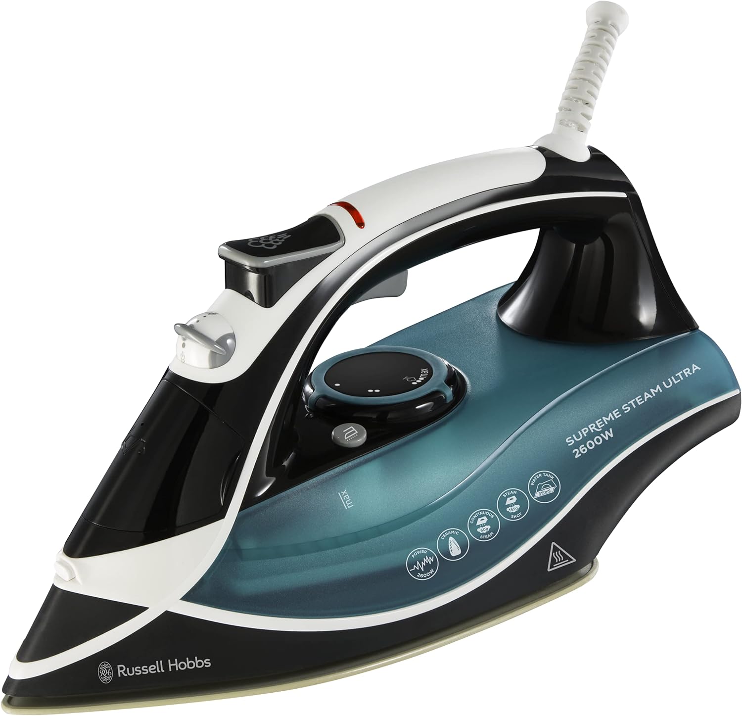 Russell Hobbs Supreme Steam Iron, Ceramic soleplate, Easy fill 350ml Water Tank, 155g Steam Shot, 60g Continuous steam, Self-clean, Anti calc & Anti-drip function, 3m Cord, Auto Shut Off, 2600W, 23260.