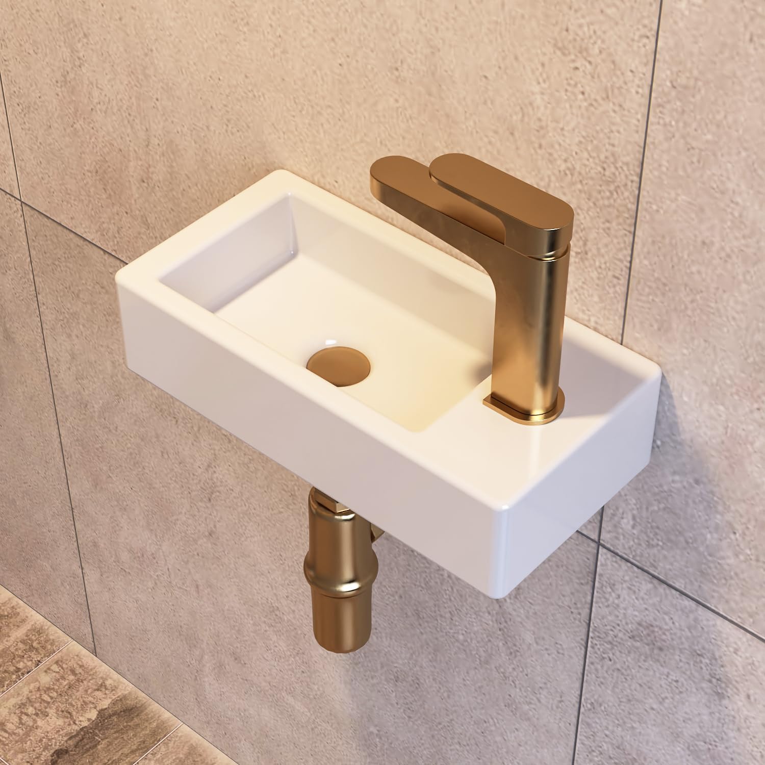 Wall Mount Bathroom Sink, DeerValley Mini Rectangle Bathroom Basin, Cloakroom Ceramic Wash Basin Without Overflow for Bathroom (Right Hand, DV-1V081R).