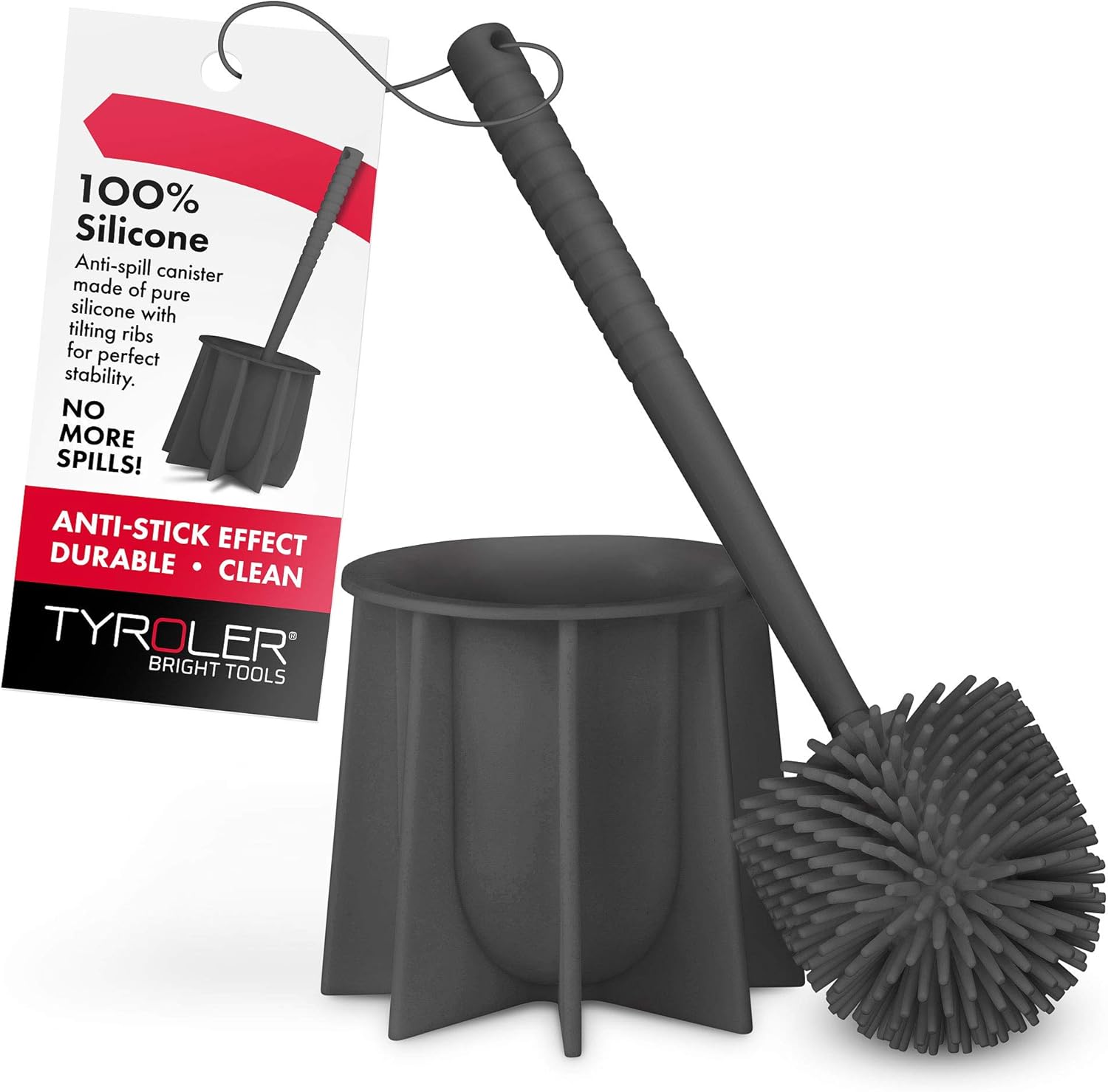 Tyroler Bright Tools Toilet Brush Set Made of 100% Silicone, Anti-Stick Effect Bristle Toilet Bowl Brush and Holder Fit All Toilets & Bathrooms (Grey).