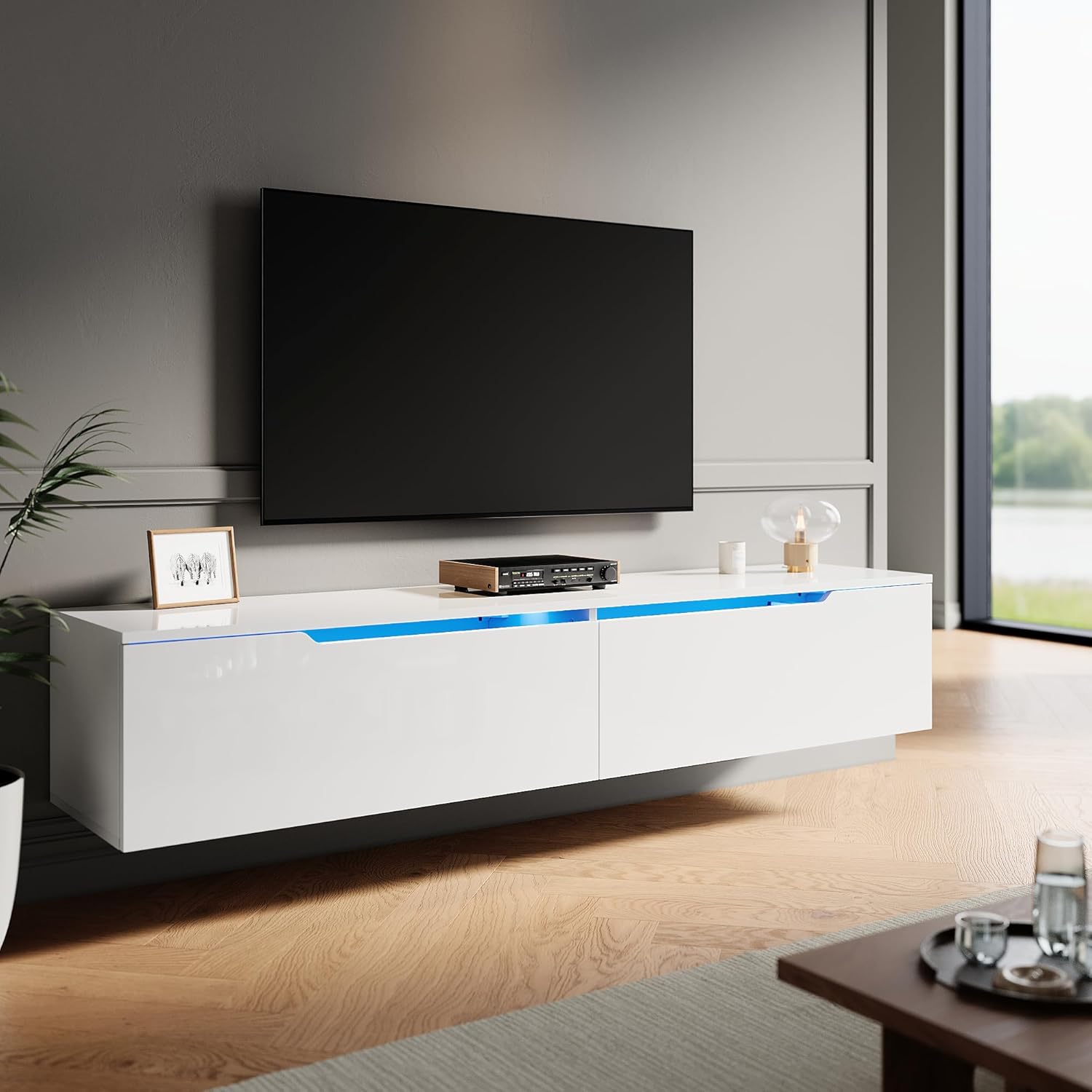 ELEGANT Gloss White Floating TV Unit Cabinet 1400x300x400mm Wall Mounted TV Shelf, Entertainment Center for Living Room, Floor-standing Available.