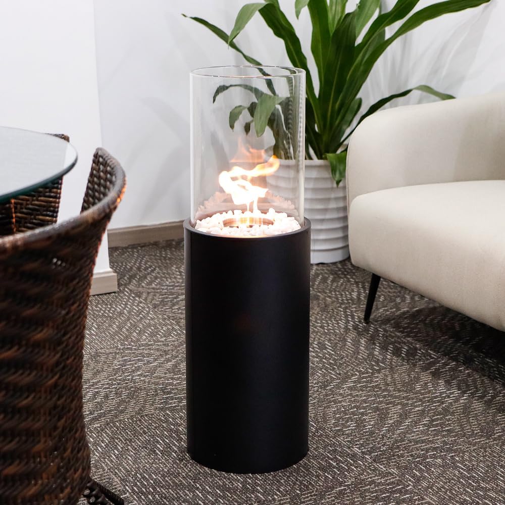 NEWIMAGE 80.5 cm High Large Clean Burning Bio Ethanol Ventless Fireplace,Freestanding Fire Bowl Pot with White Stones for Indoor Outdoor Patio(Black).