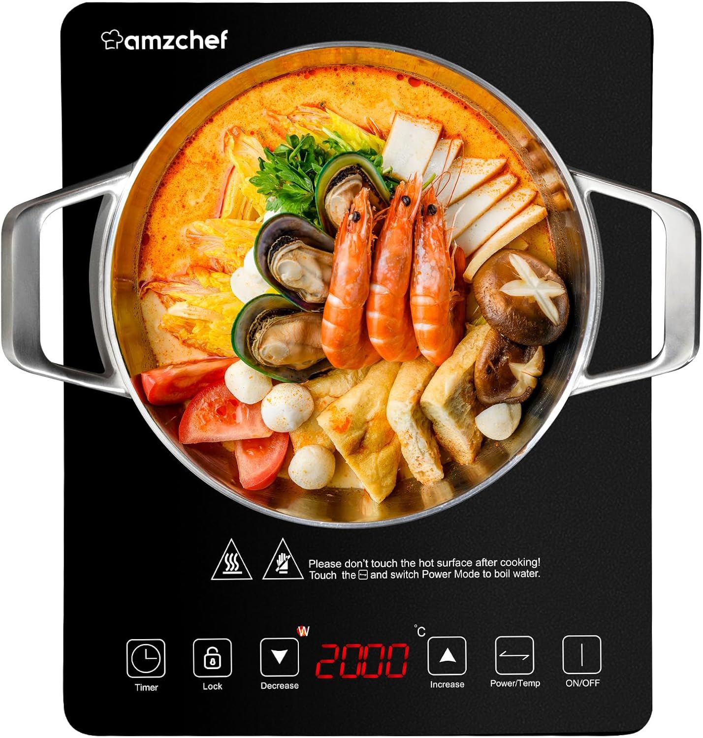 Single Induction Hob, AMZCHEF 2000W Induction Cooker 20 Power Levels and 20 Temperature Settings.