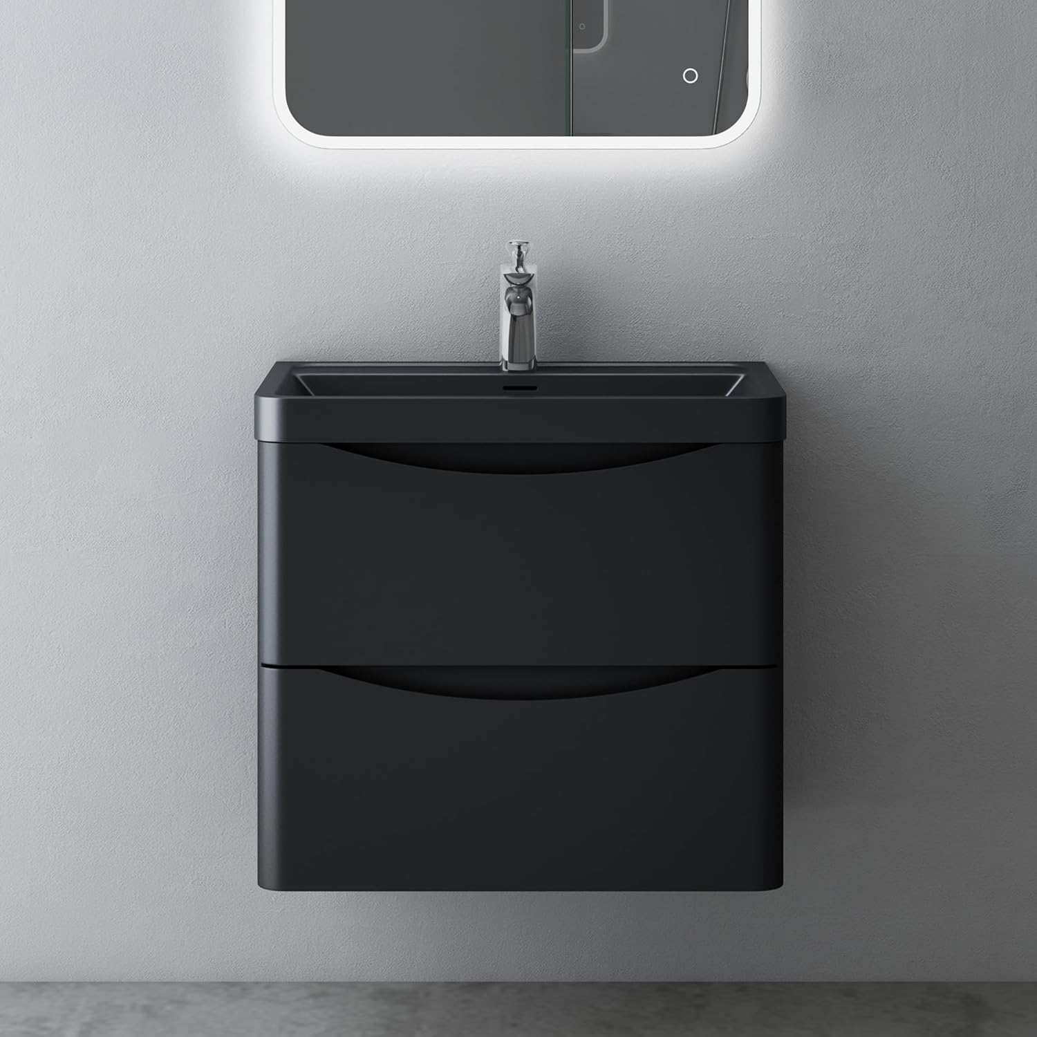 Mai & Mai Bathroom Wall Hung Vanity Unit Furniture With Sink 60x42x55cm Cabinet in Matt Black 2 Drawers with Soft-Close including Mineral Cast Basin Smile.