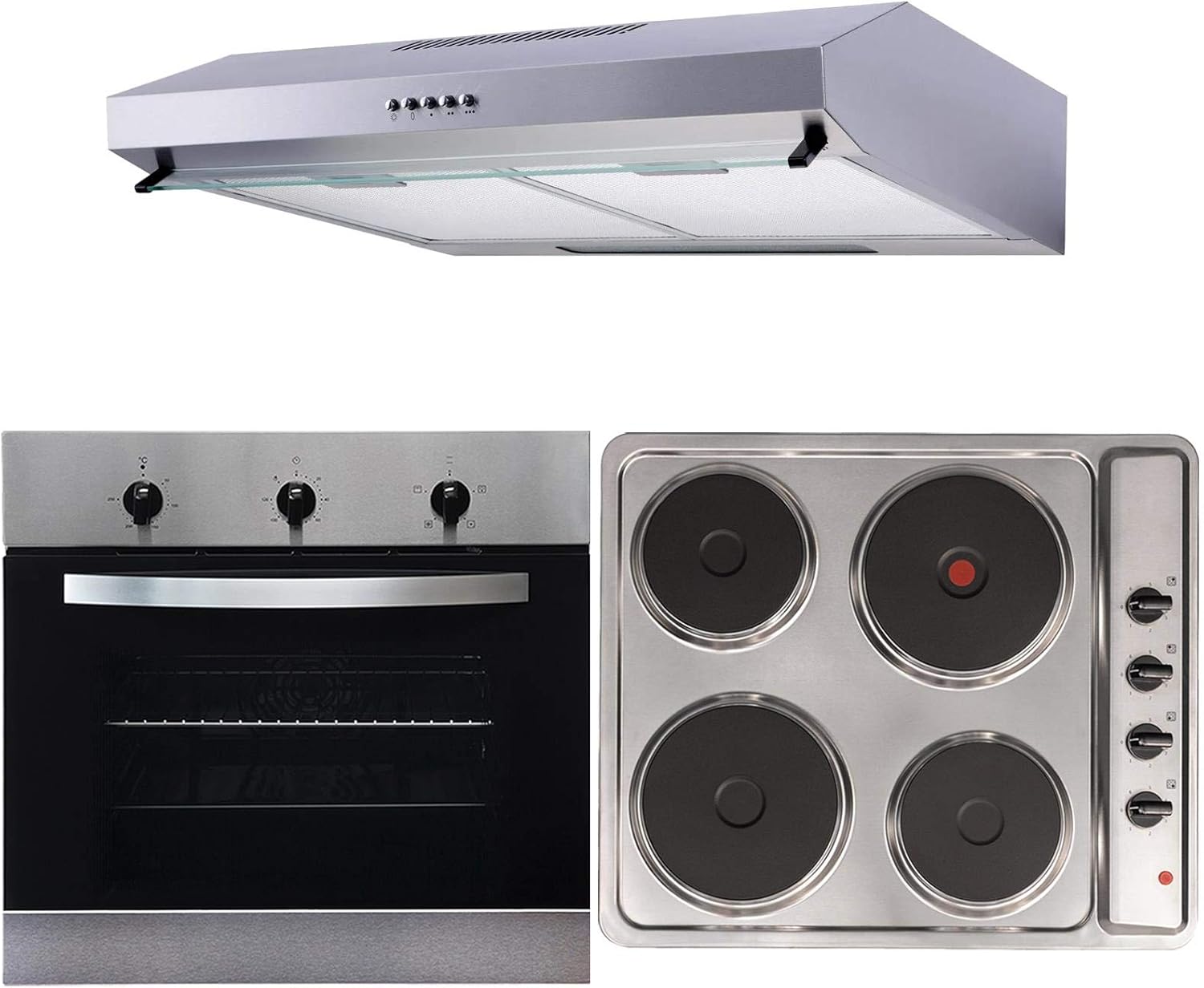 SIA 60cm True Fan Single Electric Oven, 4 Zone Plate Hob & Visor Cooker Hood Fan.