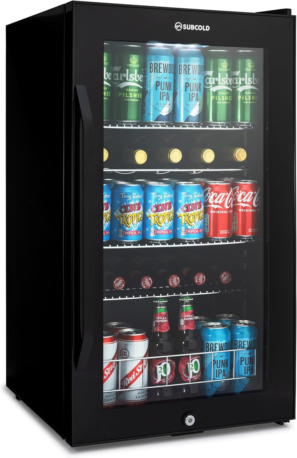 Subcold Ace100 LED Touch Control Beer Fridge With Glass Door | Premium Drinks & Wine Fridge | Black Alu Handle, Auto Defrost with Fan | 101 Cans | Ideal for Home Bar Undercounter.