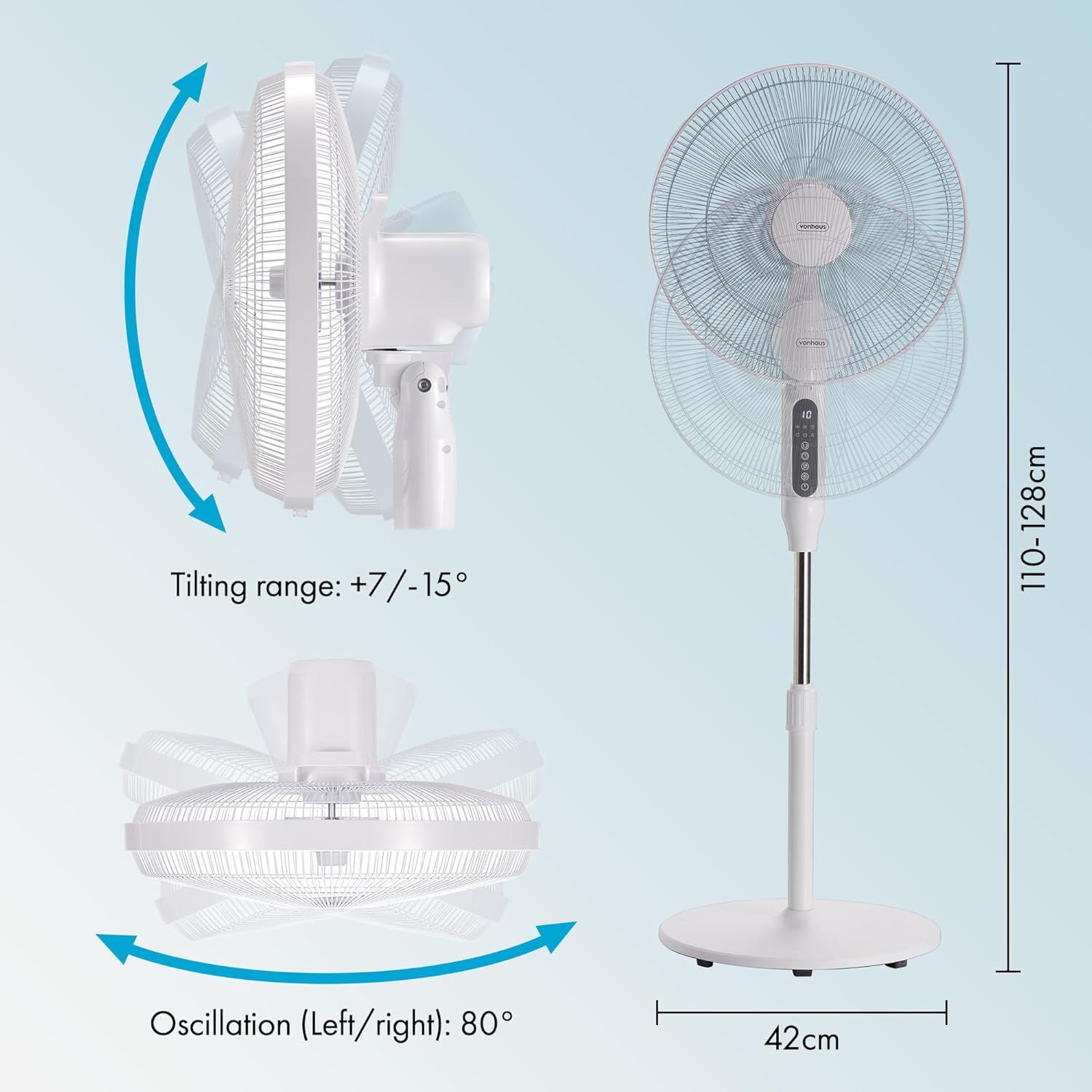 VonHaus Pedestal Fan 16" – 24 Speeds, 3 Modes, Remote Control, 15hr Timer, 80° Oscillating, Quiet Operation, Height Adjustable, LED, 5 Blades – Cooling Fan for Home, Office, Living Room, Bedroom.