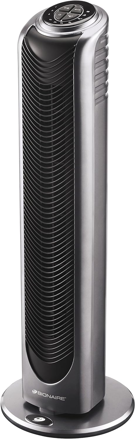 Bionaire Oscillating Tower Fan with Remote Control & Timer, Silver/Black [BT19].