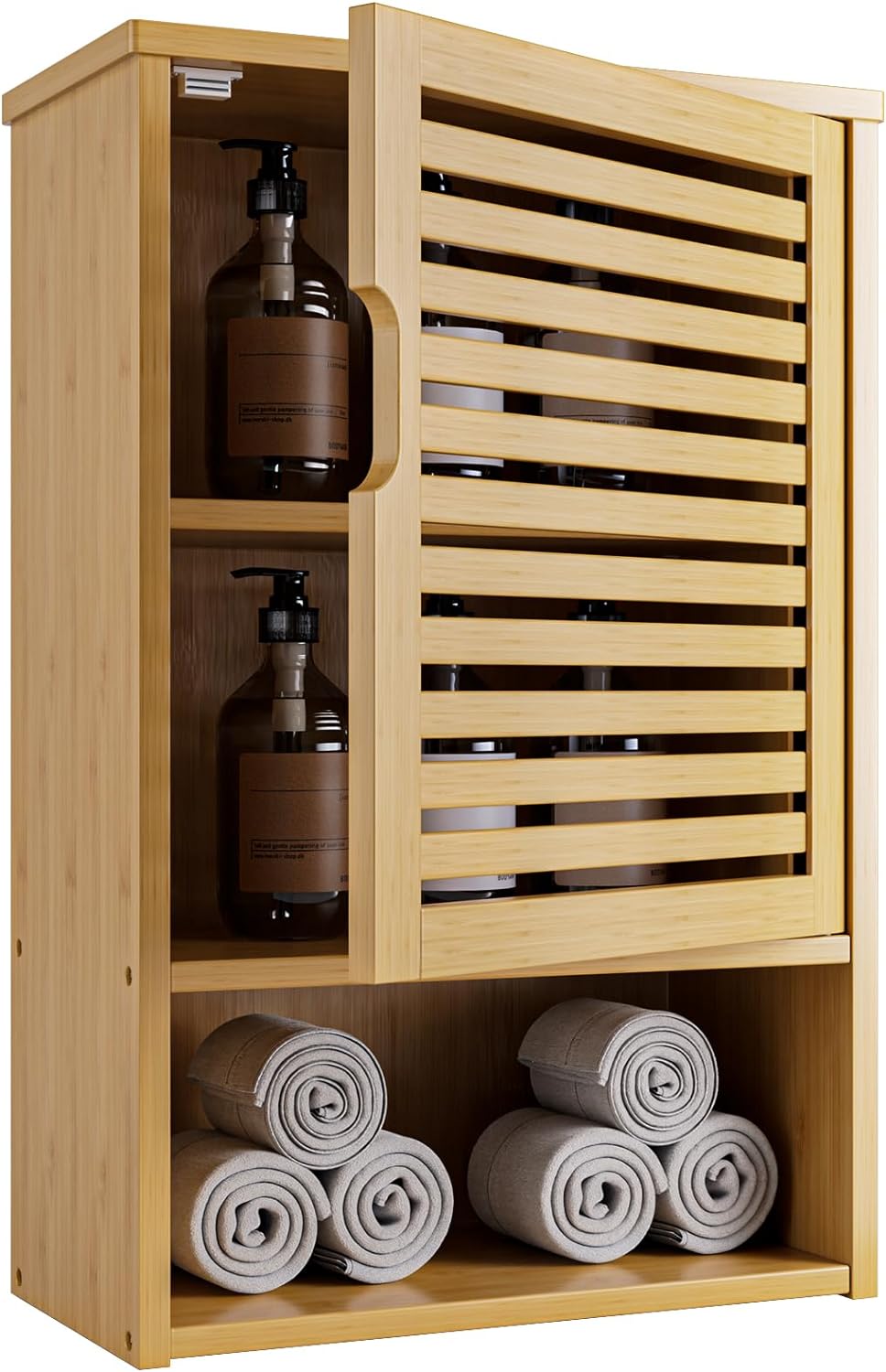 HITNET Bathroom Wall Cabinet, Medicine Cabinet Over the Toilet, Bamboo Hanging Storage Organizer with Single Door and Open Bottom Shelf, for Kitchen Living Room, Natural.