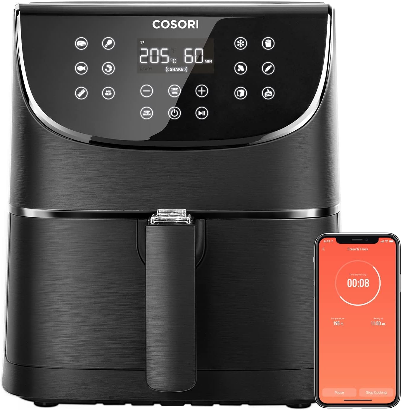 COSORI 5.5L Smart Air Fryer Oven, 200 Recipes(Cookbook & Online), APP Control, Square & Removable Basket, 13 Cooking Functions, Roast, Bake, Reheat, Dishwasher Safe, Black.