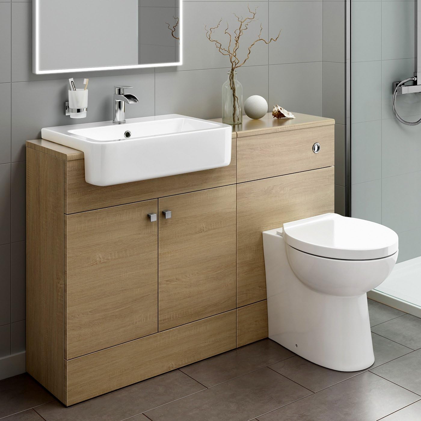 iBath Harper Combination Vanity Unit Furniture Set, Wash Basin Bathroom Sink, WC, BTW Toilet Pan, Soft Close Seat with Concealed Cistern-Oak(Flat Pack).