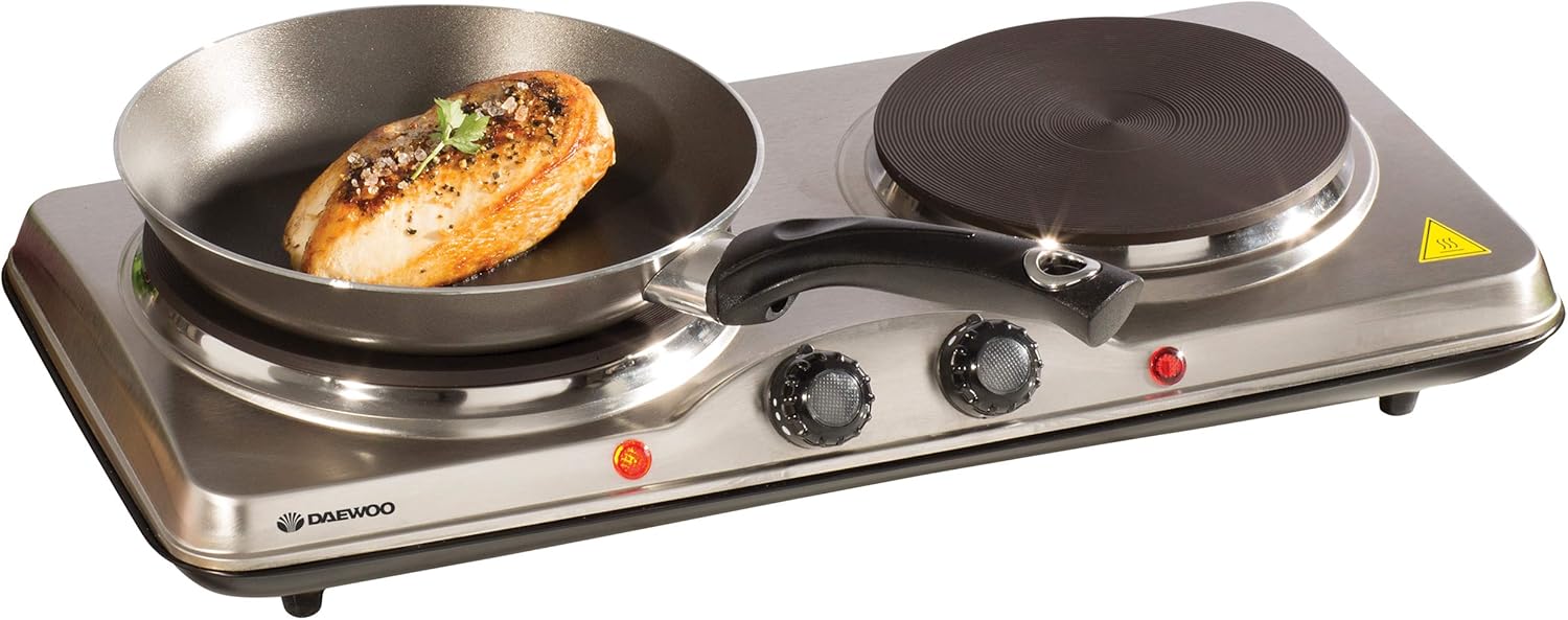 Daewoo SDA1732 Double Electric Hot Plate For Cooking, Compact And Portable, Durable Cast Iron Heating Element, Stainless Steel Design With Non Slip Feet, Silver.