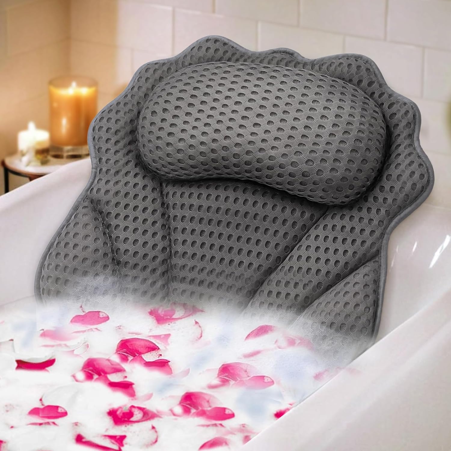 Bath Pillow RUVINCE Ergonomic Luxury bathtub pillow with head,Neck, Shoulder and back support, 4D bath pillows for tub with 6 Powerful Suction Cups, Fits all Bathtub.