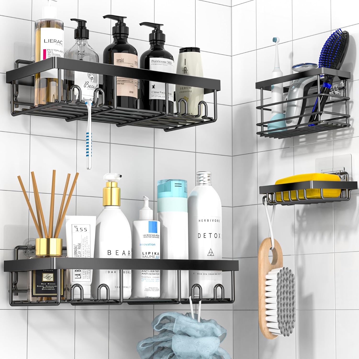 DIFULI Shower Caddy Shelf Organiser 2 Pack, No Drill Black Shower Shelves,Self Adhesive Bathroom Caddy,Shower Storage Accessories,Rust-Free Shower Rack,Wall Mounted Shampoo Holder for Shower.