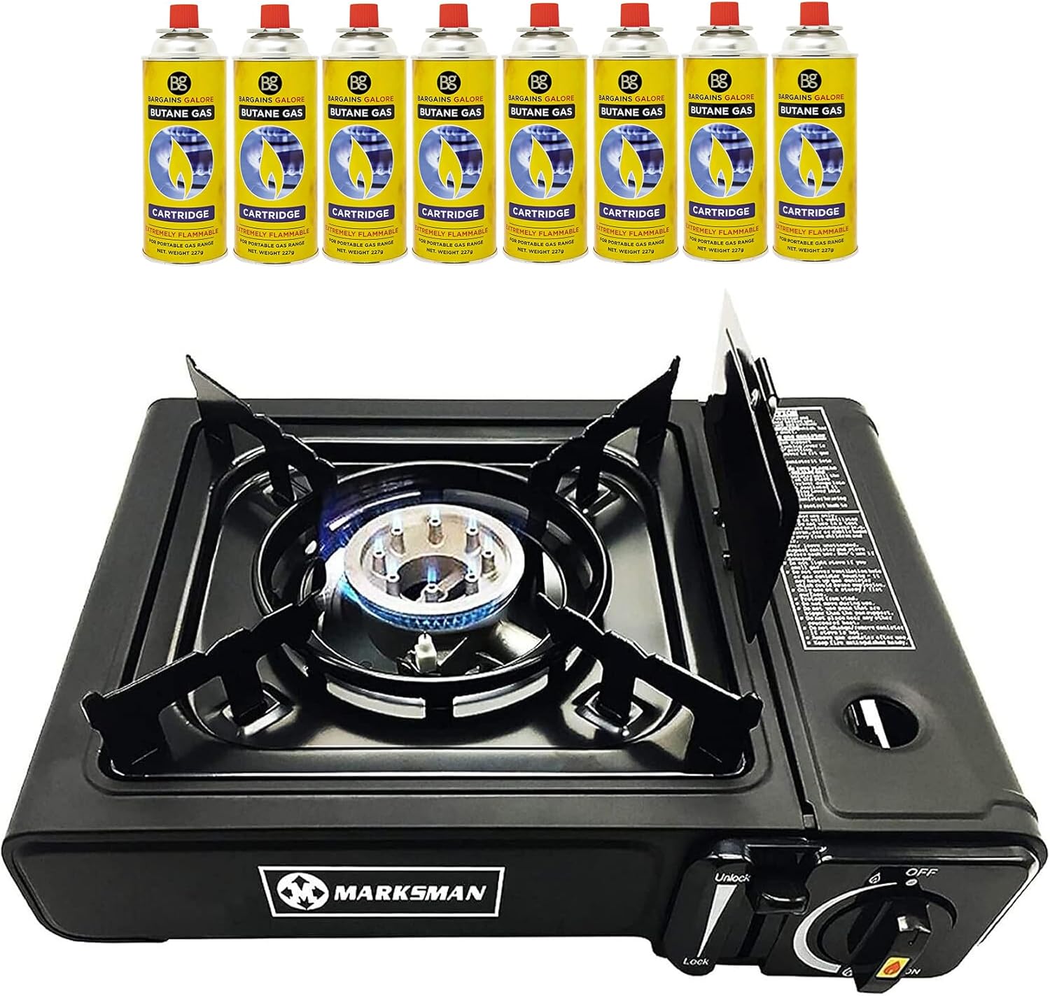 Portable Gas Cooker Stove + 8 Butane Gas Bottles Canisters - For Outdoor Camping, Fishing, Caravan & BBQ | Premium Burner, Automatic Ignition & Heater Control, EN417 Compliant - Black Grill With Case.