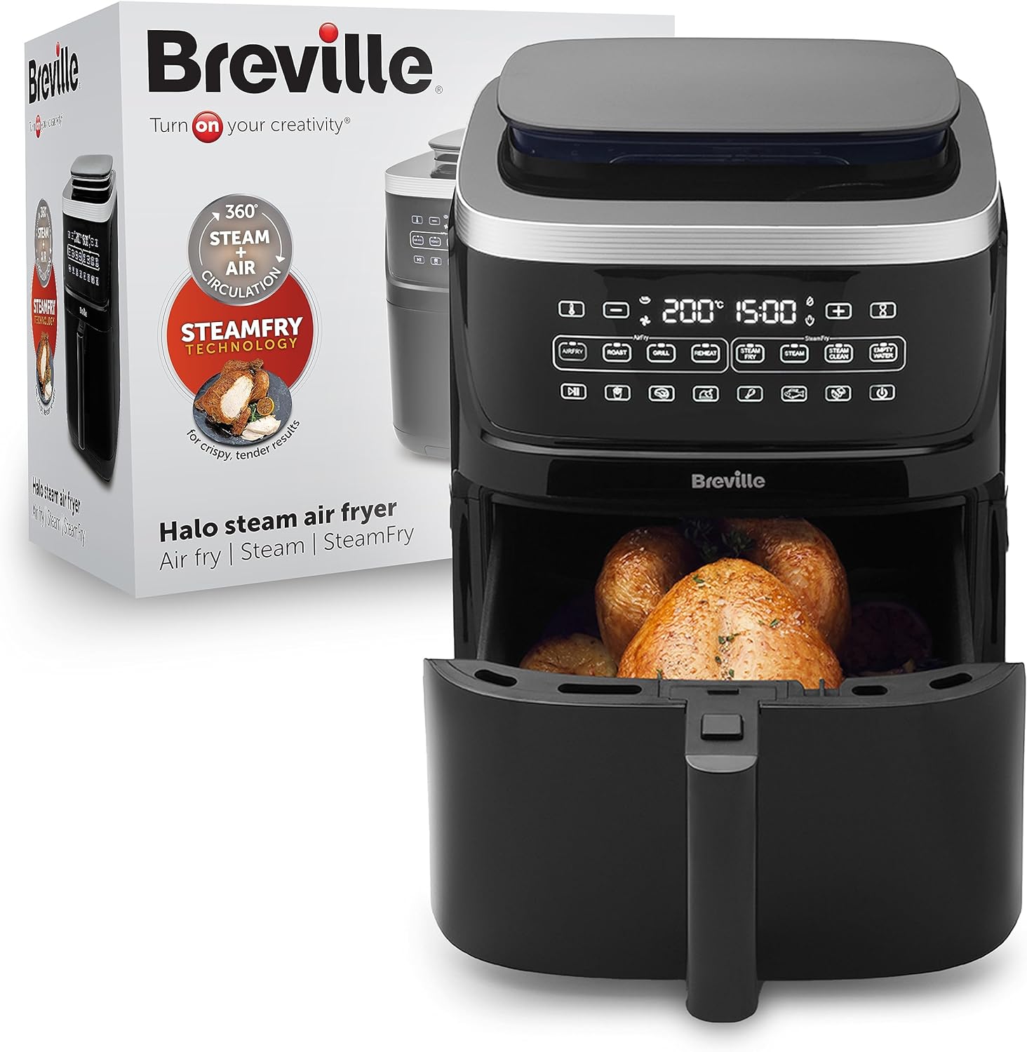 Breville Halo Steam Air Fryer | 7L Digital Air Fryer with SteamFry Technology | 50% More Energy Efficient | 1700W | Steam, Fry, Bake, Roast & Grill | Black [VDF133] | UK Plug.