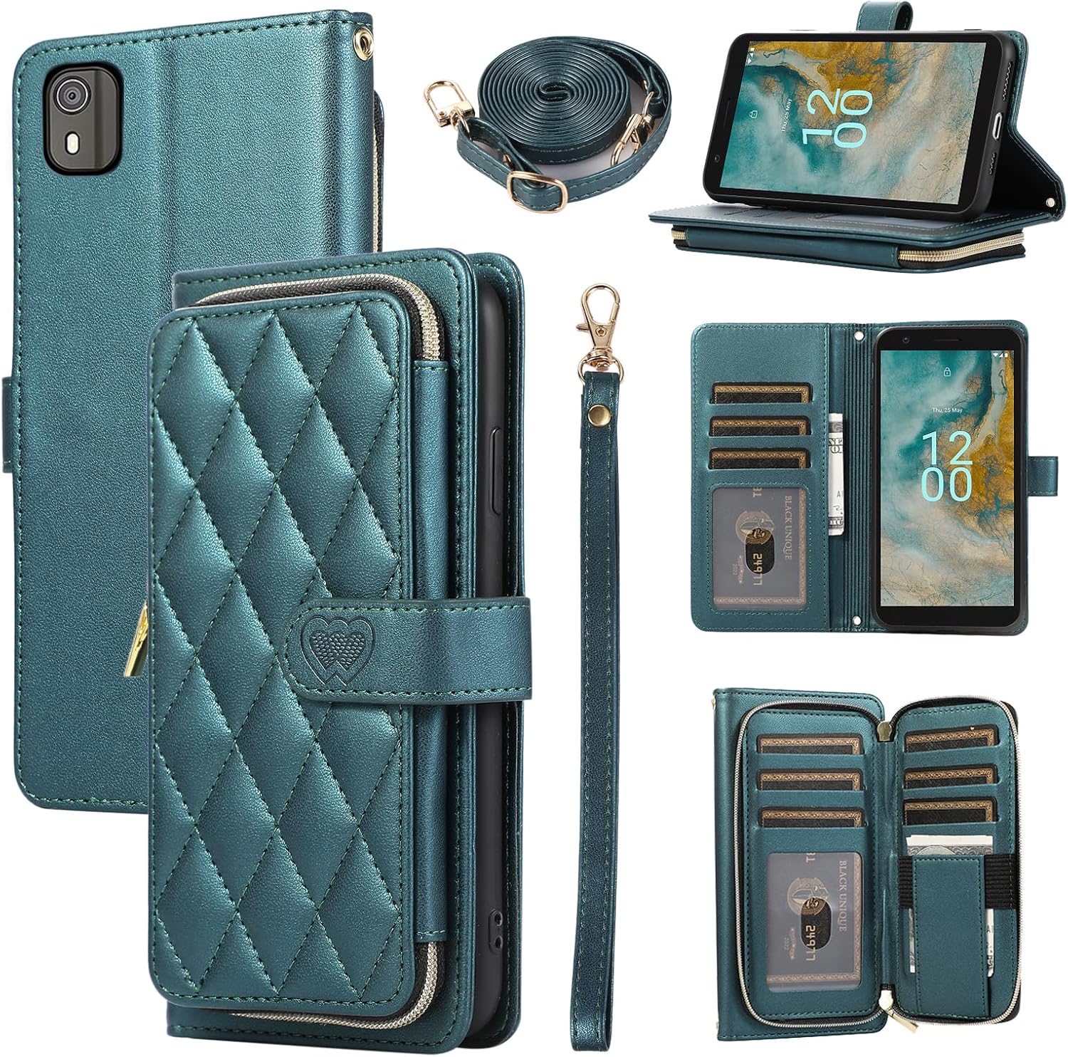 ELISORLI Wallet Case for Nokia C02 with Detachable Wrist Strap Crossbody Shoulder Strap 9 Card Slots Zipper Purse Luxury PU Leather Stand Cell Accessories Phone Cover for NokiaC02 C 02 Girls Black