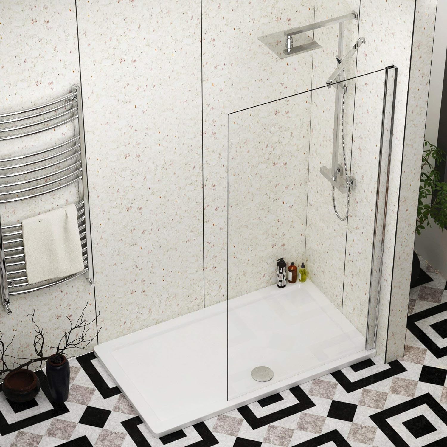 1600 x 700mm Walk in Shower Enclosure with Pearlstone Tray - 900mm Wet Room Shower Screen Easy Clean Glass.