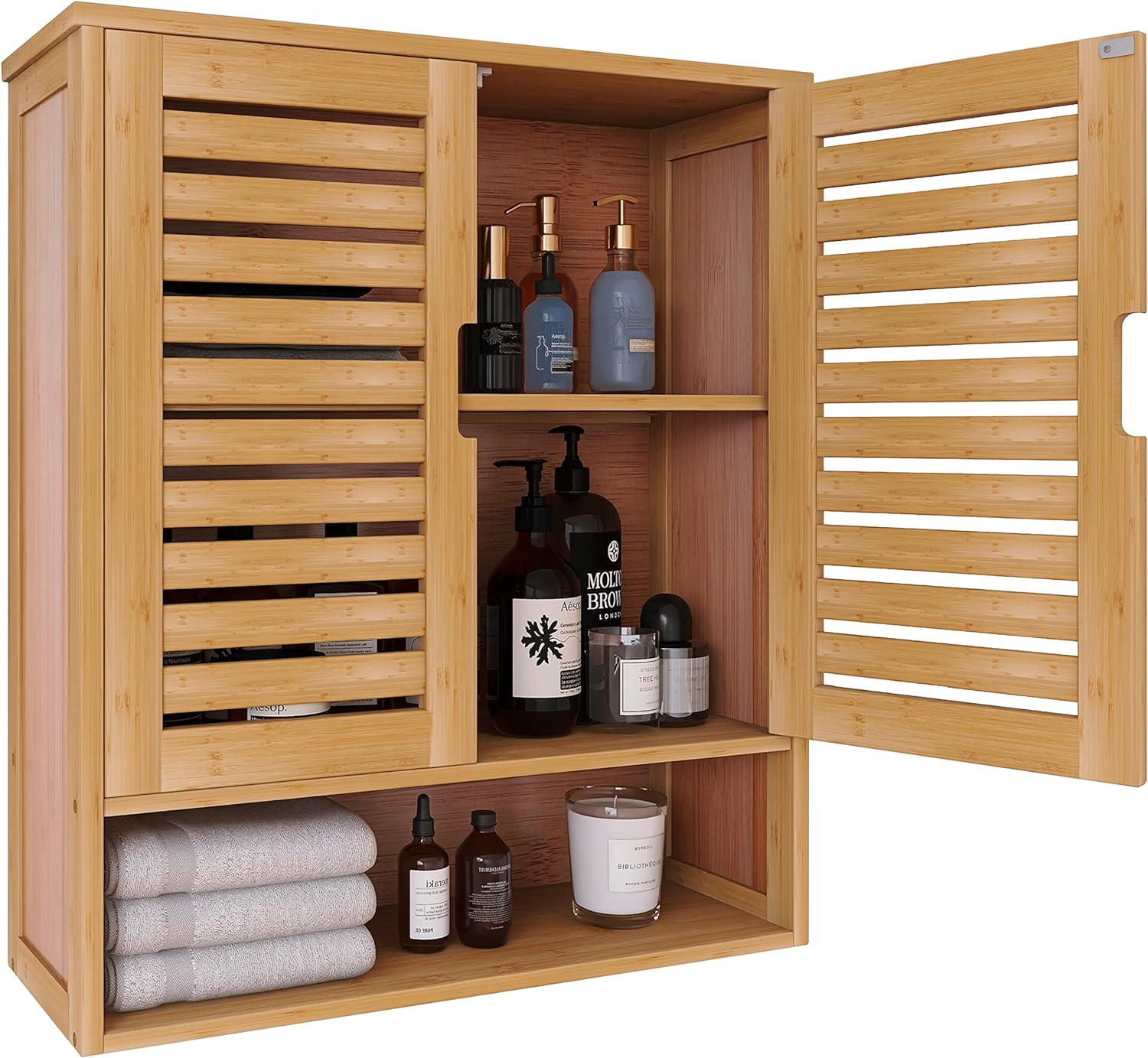 SMIBUY Bathroom Cabinet Wall Mounted, Bamboo Over-The-Toilet Storage Organizer, Space Saver Medicine Cabinet with 2 Door and Adjustable Shelves (Walnut).