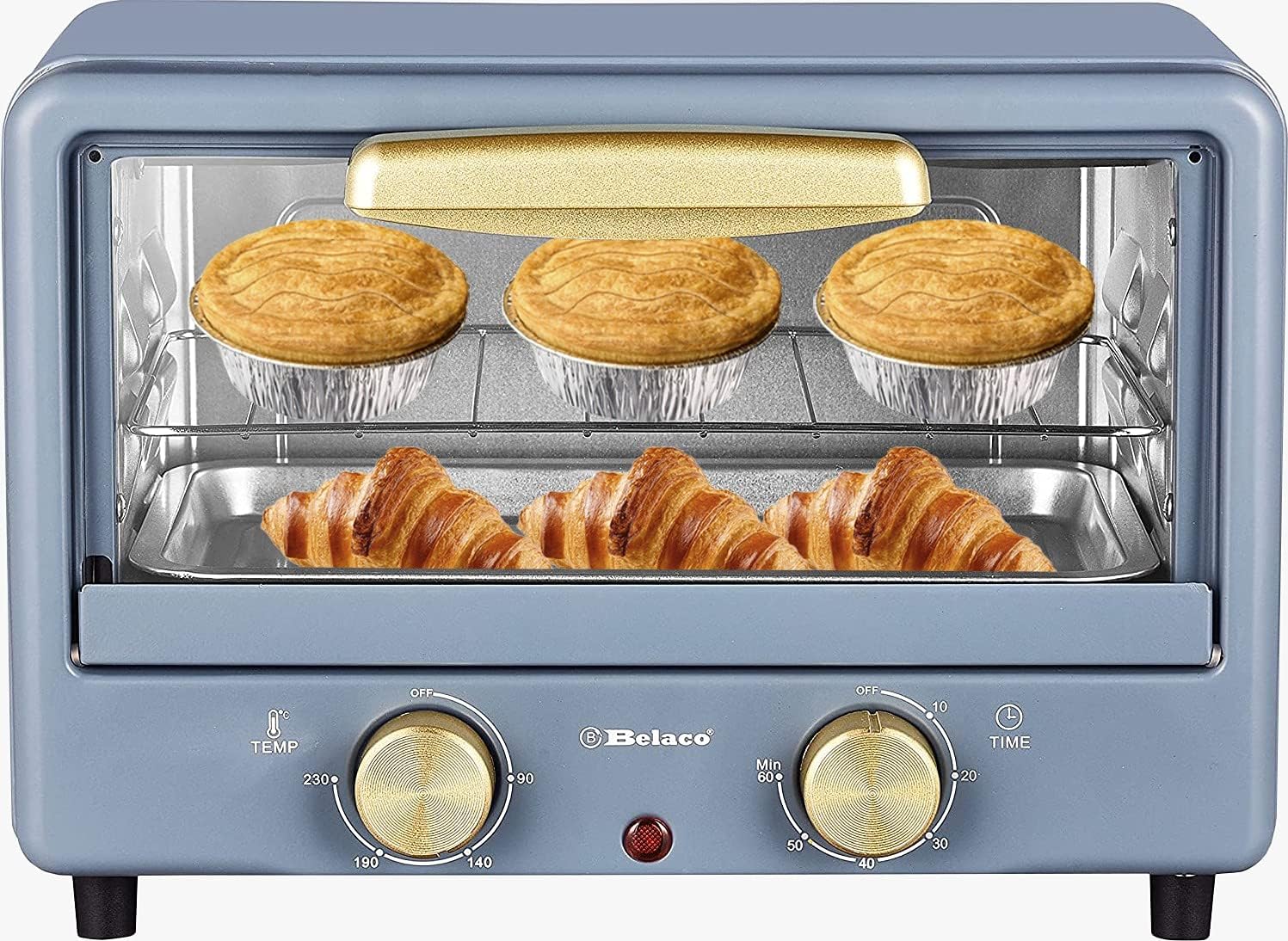 Belaco BTO-1010L Retro look Mini 10L Toaster Oven Tabletop Cooking Baking Portable Oven 750w 60 min Timer 100-230° Stainless Steel Heating Tube incl. Baking Tray & Wire Rack.